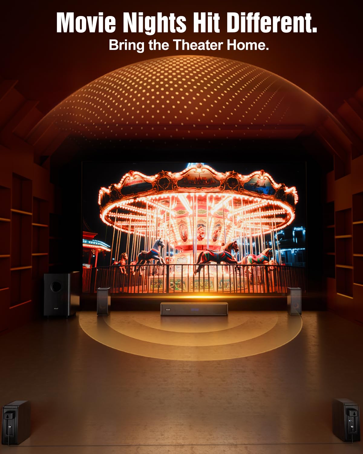 Hiwill-Audio 5.1.2ch Sound Bar for TV, 4 Surround Speakers Virtual Surround Sound System, Wooden Home Theater Soundbar for Smart TV w/Subwoofer, 400W Peak Power, Deep Bass, ARC/Opt/BT, HiPulse N512