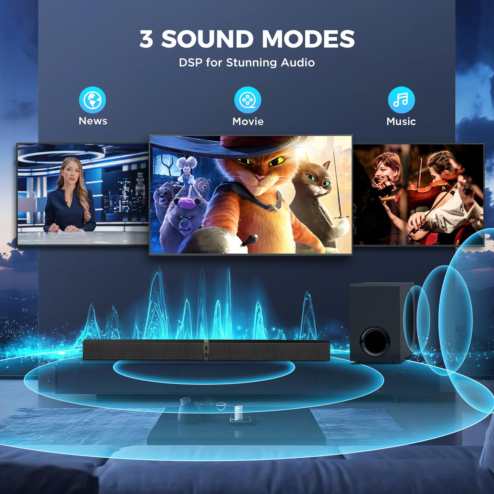 MZEIBO Sound Bar with Subwoofer,120W Soundbar for Smart TV Surround Sound Home Theater System Bluetooth 5.3 Audio Compatible with ARC, AUX, Optical