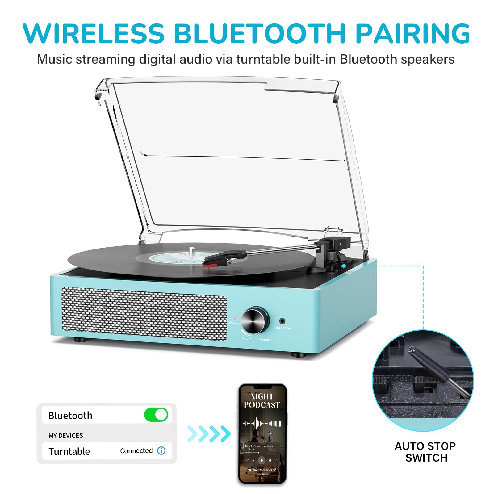 Record Player for Vinyl with 2 Build-in Speakers LP Vinyl Players Belt-Driven Vintage Turntables 3 Speed 3 Size, Wireless Bluetooth Playback, AUX-in,RCA Out, Headphone, Auto Stop Wood