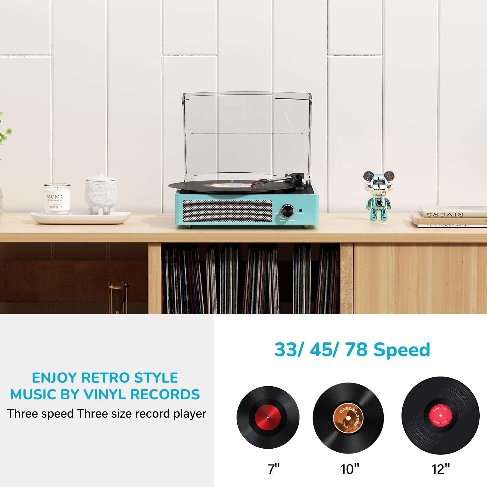 Record Player for Vinyl with 2 Build-in Speakers LP Vinyl Players Belt-Driven Vintage Turntables 3 Speed 3 Size, Wireless Bluetooth Playback, AUX-in,RCA Out, Headphone, Auto Stop Wood