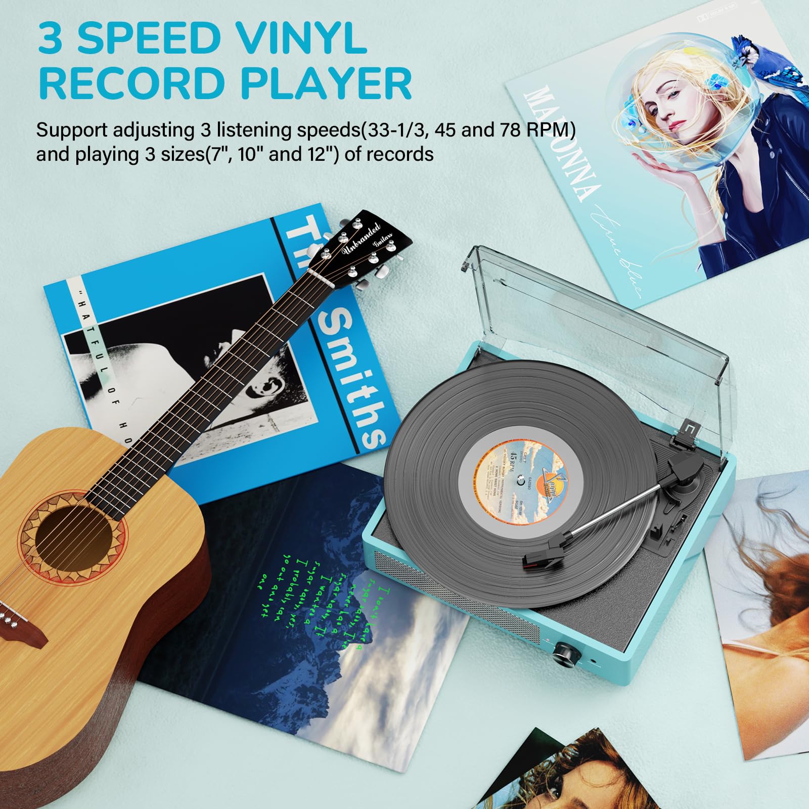 Record Player for Vinyl with 2 Build-in Speakers LP Vinyl Players Belt-Driven Vintage Turntables 3 Speed 3 Size, Wireless Bluetooth Playback, AUX-in,RCA Out, Headphone, Auto Stop Wood