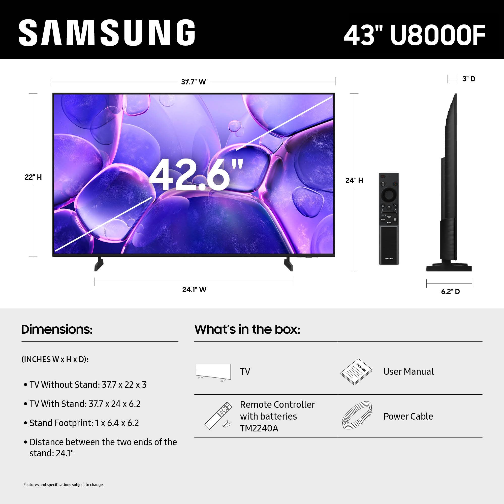 Samsung 50-Inch Class Crystal UHD U8000F 4K Smart TV (2025 Model) Endless Free Content, Crystal Processor 4K, MetalStream Design, Knox Security, Alexa Built-in