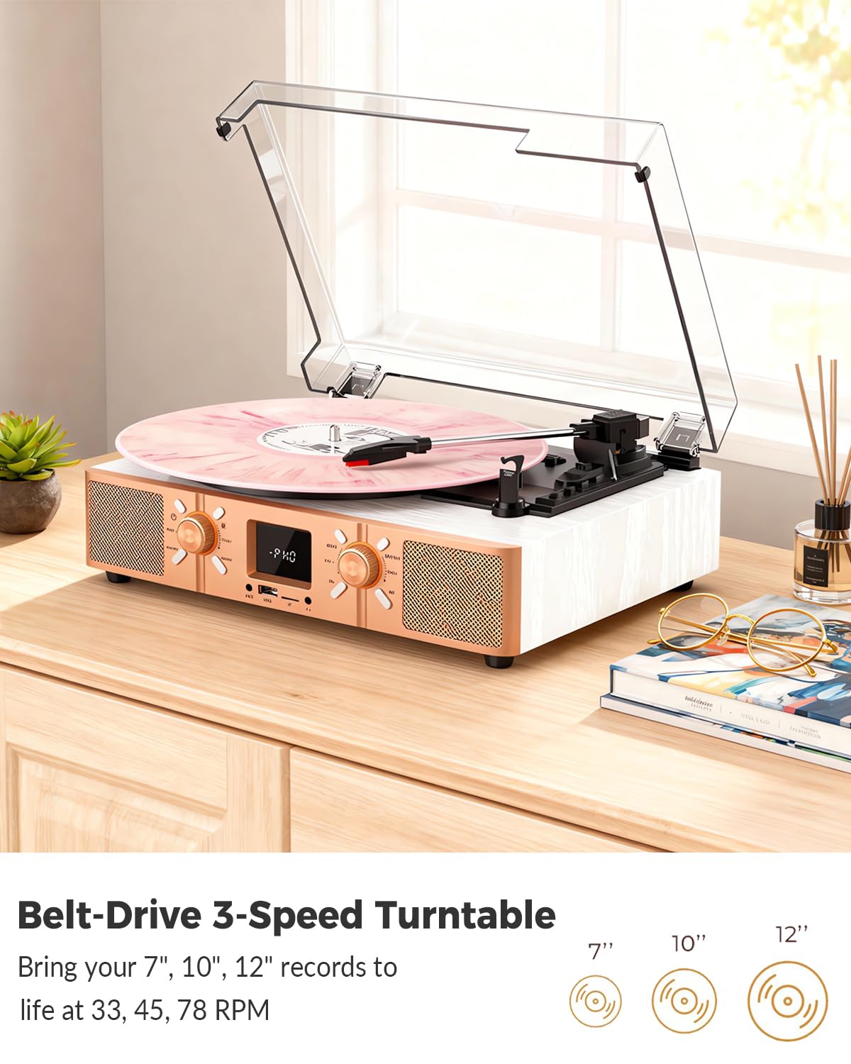 VICTRESS Vinyl Record Player with Built-in Speakers, Bluetooth Turntable for Vinyl Records, 3-Speed Belt-Driven LP Player, USB/Micro SD Recording, FM Radio, RCA/AUX/Headphone Jack, White Rose Gold