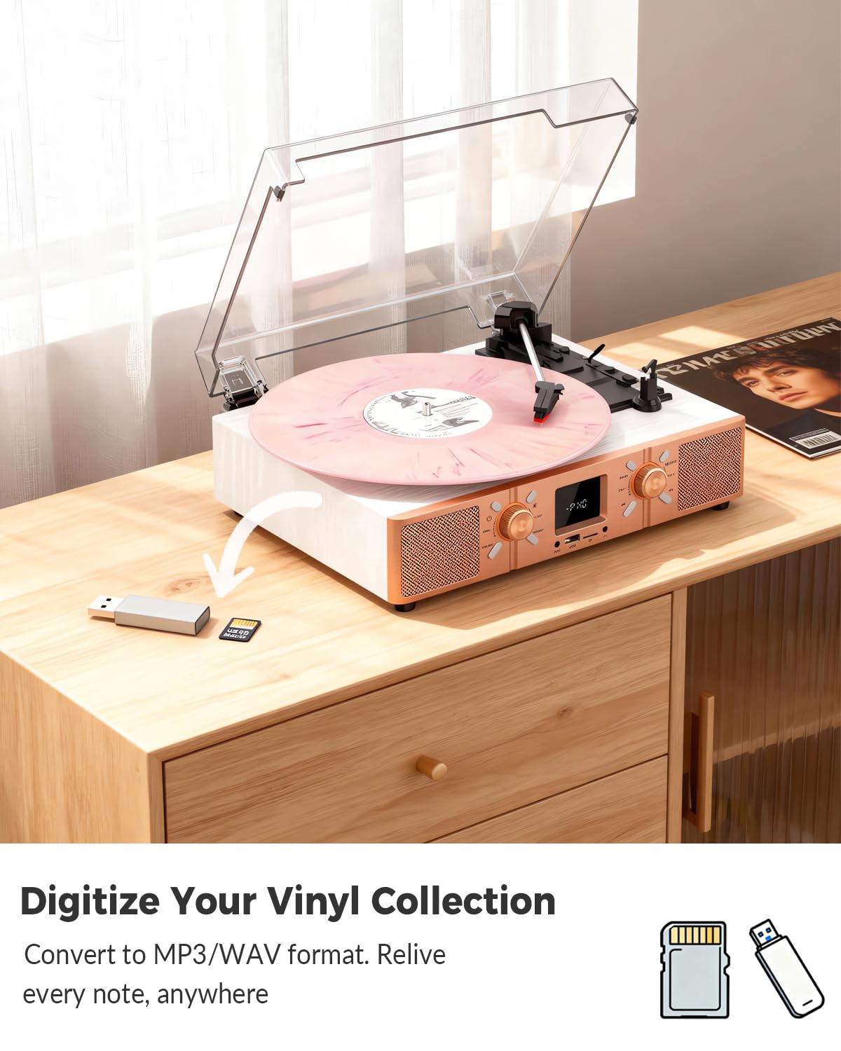 VICTRESS Vinyl Record Player with Built-in Speakers, Bluetooth Turntable for Vinyl Records, 3-Speed Belt-Driven LP Player, USB/Micro SD Recording, FM Radio, RCA/AUX/Headphone Jack, White Rose Gold