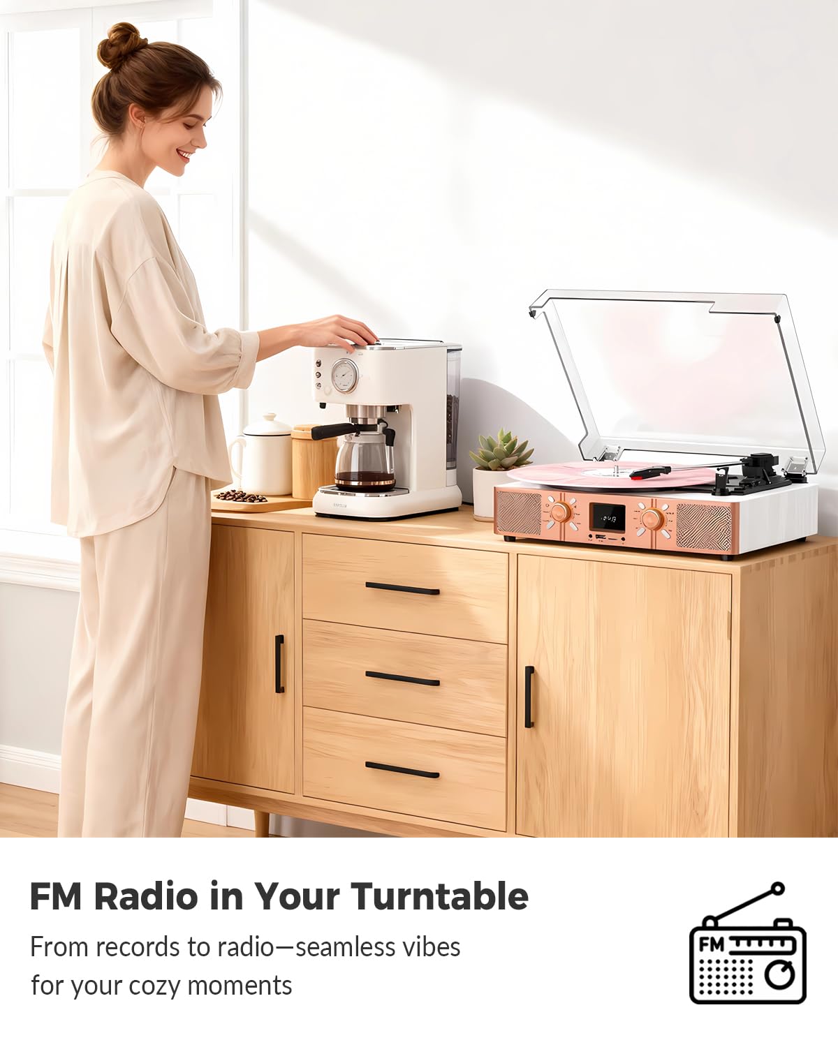 VICTRESS Vinyl Record Player with Built-in Speakers, Bluetooth Turntable for Vinyl Records, 3-Speed Belt-Driven LP Player, USB/Micro SD Recording, FM Radio, RCA/AUX/Headphone Jack, White Rose Gold