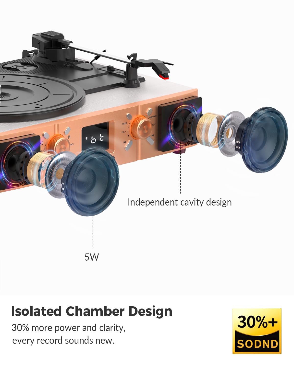 VICTRESS Vinyl Record Player with Built-in Speakers, Bluetooth Turntable for Vinyl Records, 3-Speed Belt-Driven LP Player, USB/Micro SD Recording, FM Radio, RCA/AUX/Headphone Jack, White Rose Gold