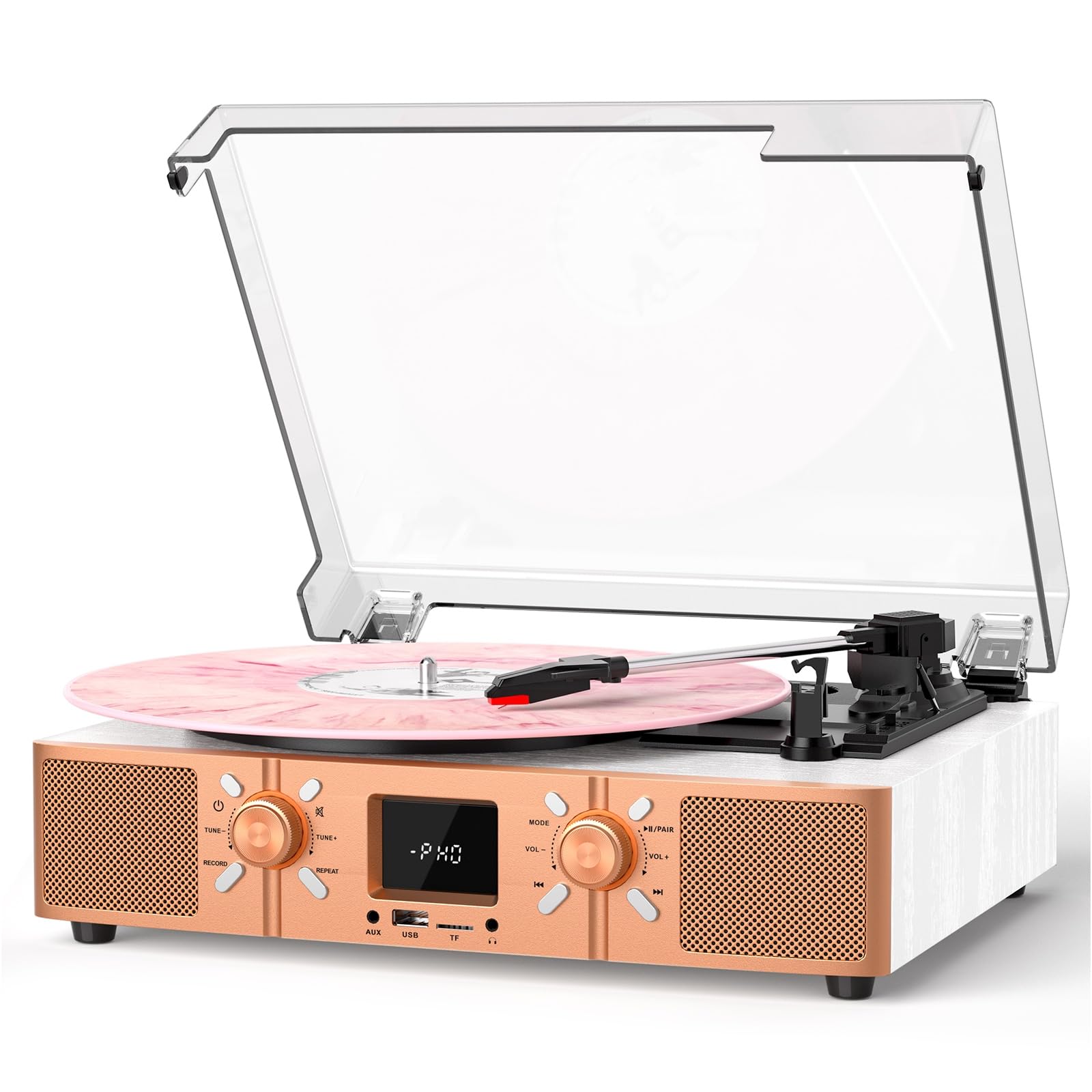 VICTRESS Vinyl Record Player with Built-in Speakers, Bluetooth Turntable for Vinyl Records, 3-Speed Belt-Driven LP Player, USB/Micro SD Recording, FM Radio, RCA/AUX/Headphone Jack, White Rose Gold