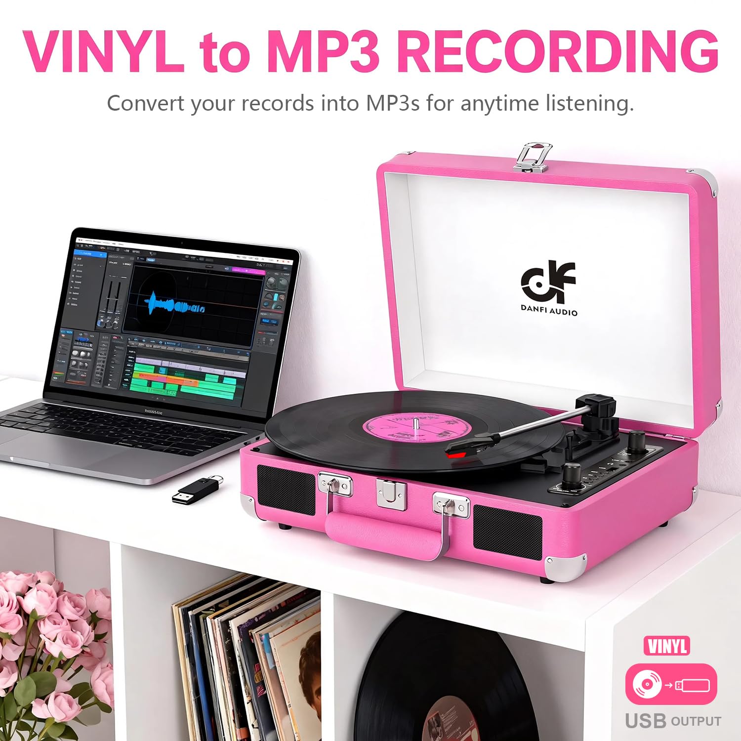 Vinyl Record Player 3-Speed Bluetooth Suitcase Turntable with Built-in Stereo Speakers, USB Recording, Portable Belt-Driven LP Player with RCA AUX Headphone Jack, Auto Stop, Hot Pink