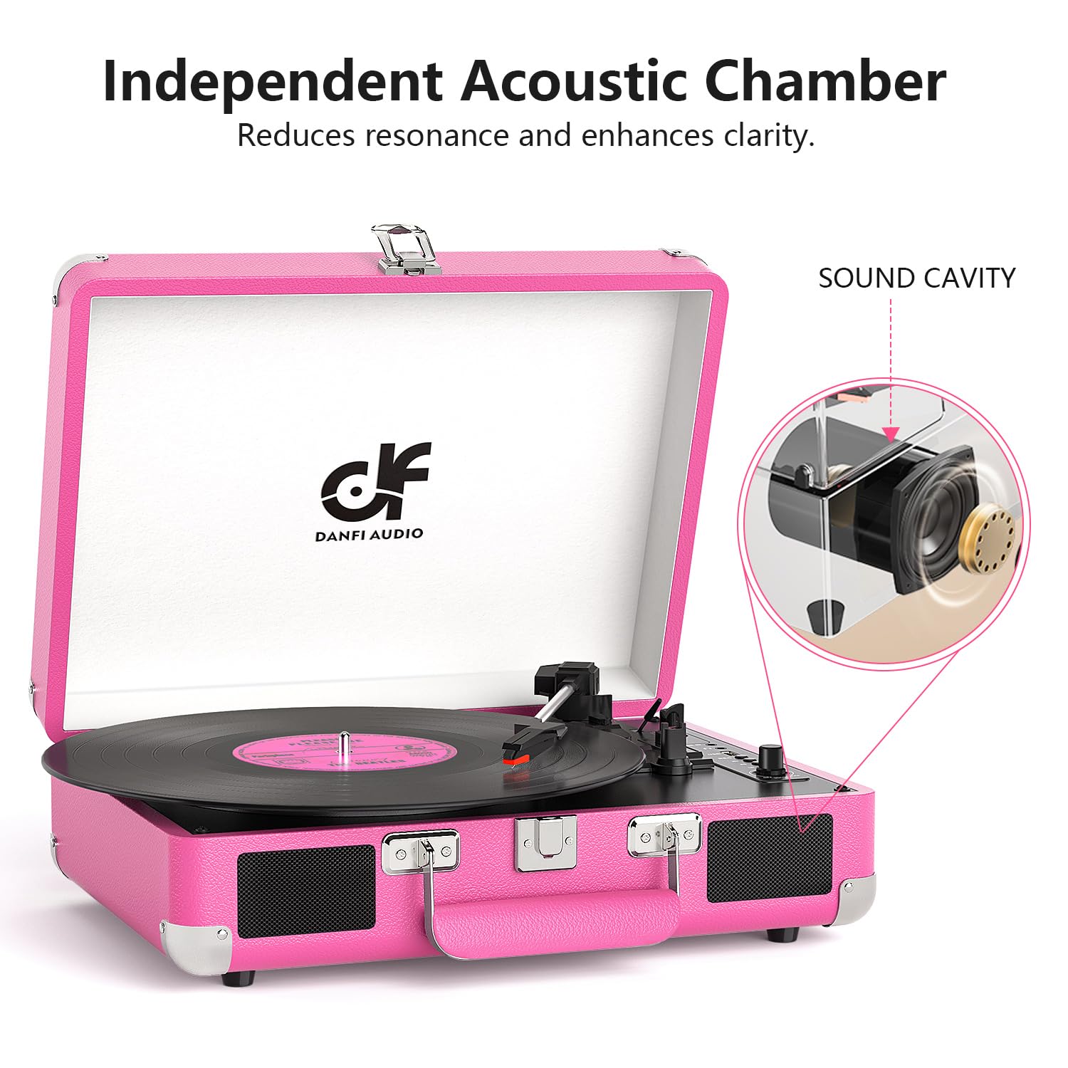 Vinyl Record Player 3-Speed Bluetooth Suitcase Turntable with Built-in Stereo Speakers, USB Recording, Portable Belt-Driven LP Player with RCA AUX Headphone Jack, Auto Stop, Hot Pink