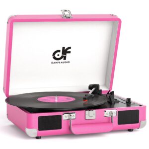 Vinyl Record Player 3-Speed Bluetooth Suitcase Turntable with Built-in Stereo Speakers, USB Recording, Portable Belt-Driven LP Player with RCA AUX Headphone Jack, Auto Stop, Hot Pink
