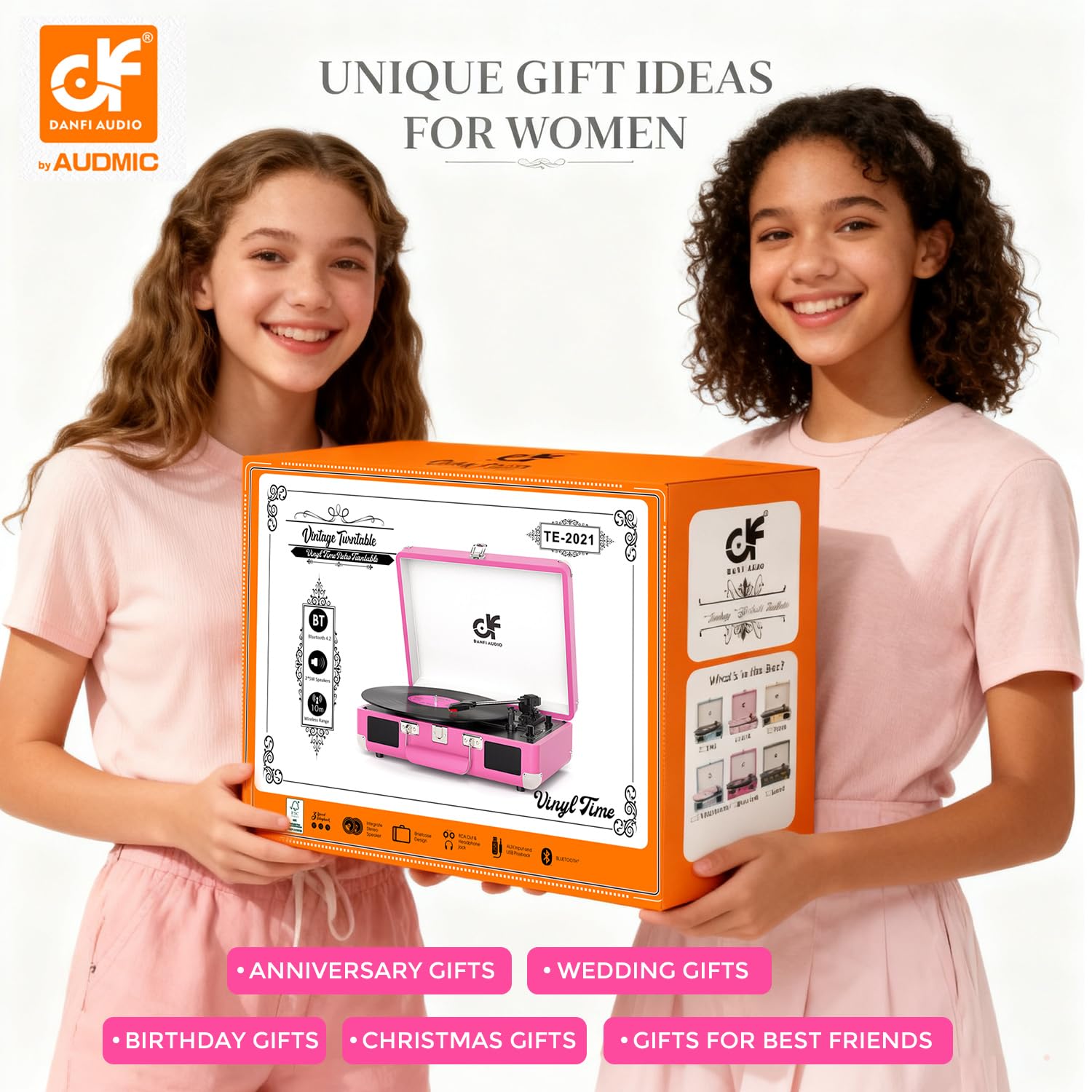 Vinyl Record Player 3-Speed Bluetooth Suitcase Turntable with Built-in Stereo Speakers, USB Recording, Portable Belt-Driven LP Player with RCA AUX Headphone Jack, Auto Stop, Hot Pink