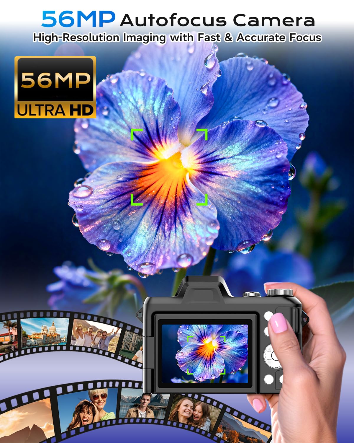 4K Digital Camera for Photography, Autofocus 56MP Vlogging Camera for YouTube/Content Creators/Travel, 16X Zoom Video Camera with 3