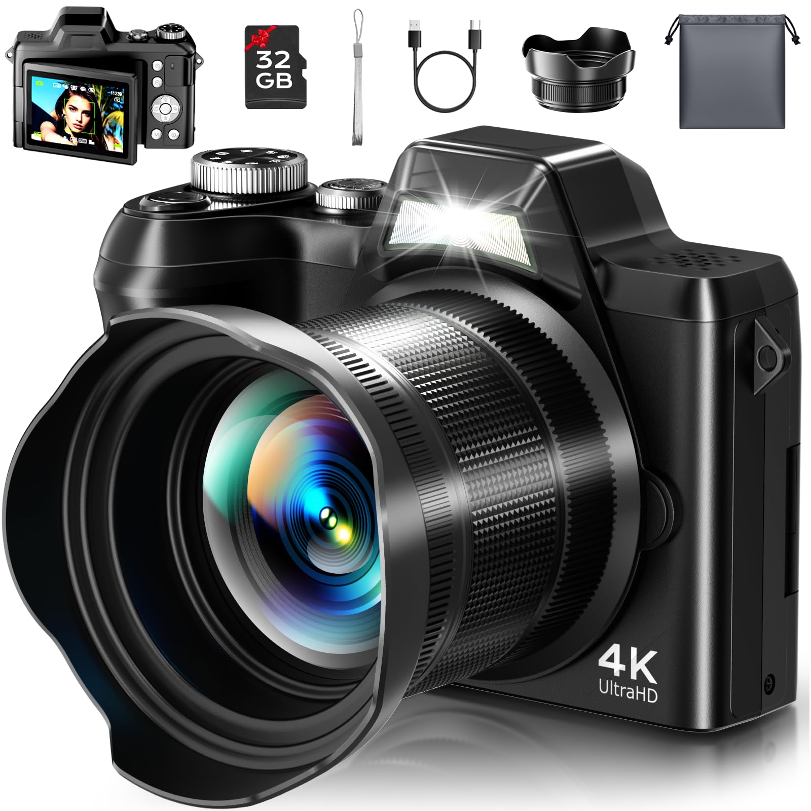 4K Digital Camera for Photography, Autofocus 56MP Vlogging Camera for YouTube/Content Creators/Travel, 16X Zoom Video Camera with 3″ 180°Flip Screen & Lens Hood, Gift Ideas for Teens & Beginners