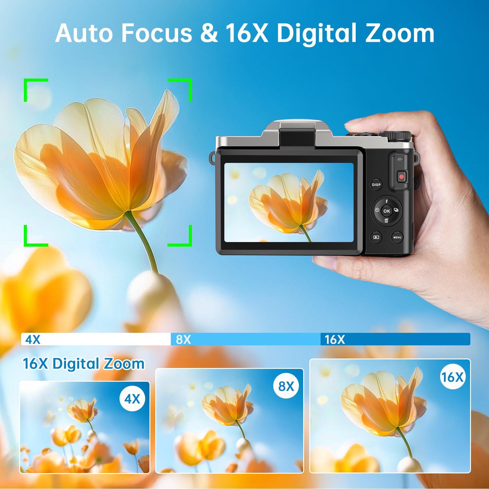 4K Digital Camera for Photography with WiFi 64MP Auto-Focus Vlogging Camera for YouTube Video 3'' 180° Flip Screen 4K Cameras 16X Zoom Anti-Shake Compact Point and Shoot Cameras with SD Card