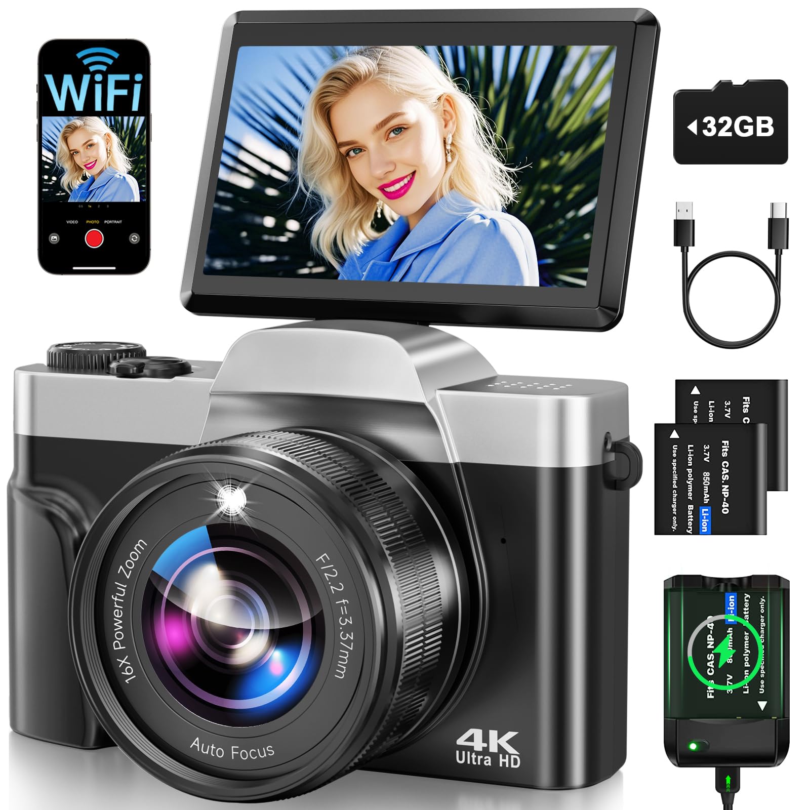 4K Digital Camera for Photography with WiFi 64MP Auto-Focus Vlogging Camera for YouTube Video 3” 180° Flip Screen 4K Cameras 16X Zoom Anti-Shake Compact Point and Shoot Cameras with SD Card