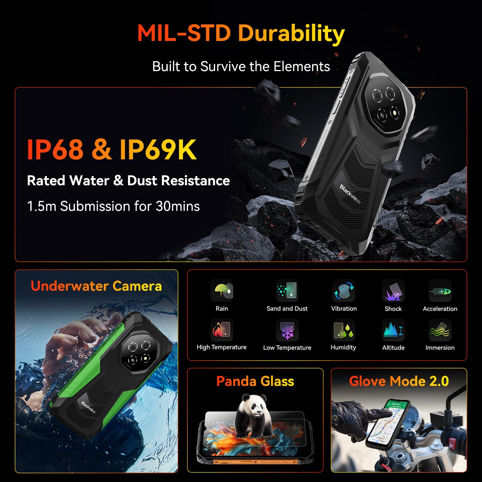 Blackview Fort 1 Rugged Phone Android 15,10000mAh Battery 12GB+128GB 2TB Expand Rugged Smartphone Unlocked, Gemini AI 6.56 Inch 90Hz, 4G T-Mobile Dual SIM IP69K Waterproof, Fingerprint/NFC/OTG/GPS