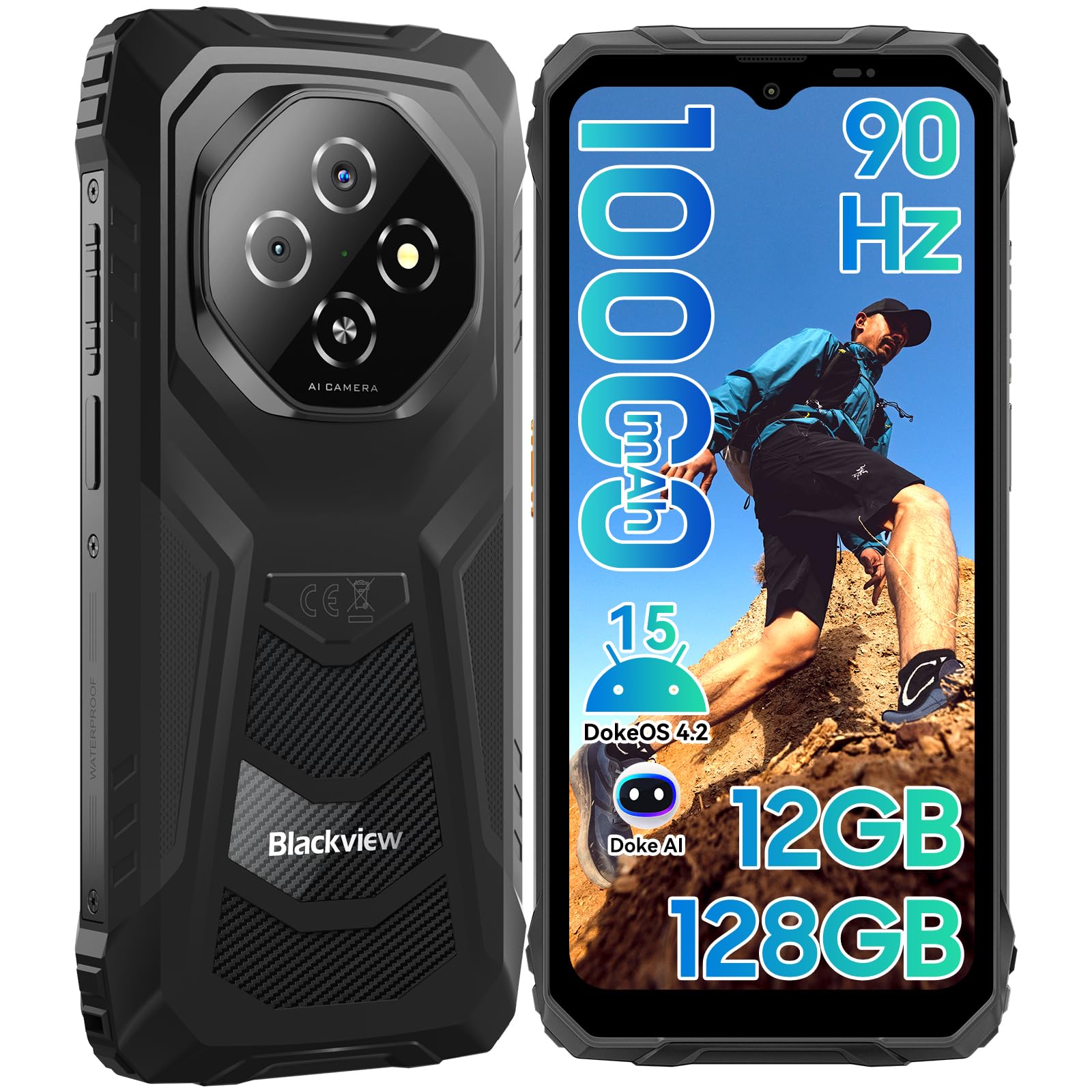 Blackview Fort 1 Rugged Phone Android 15,10000mAh Battery 12GB+128GB 2TB Expand Rugged Smartphone Unlocked, Gemini AI 6.56 Inch 90Hz, 4G T-Mobile Dual SIM IP69K Waterproof, Fingerprint/NFC/OTG/GPS