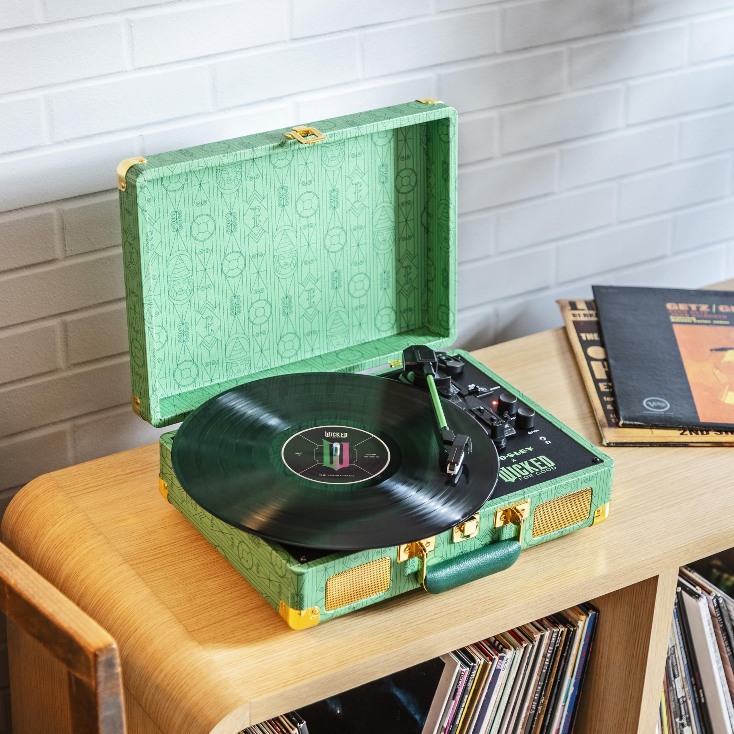 Crosley x Wicked: for Good Cruiser Plus Vintage 3-Speed Bluetooth in/Out Suitcase Vinyl Record Player Turntable with Built-in Speakers, Elphaba Edition