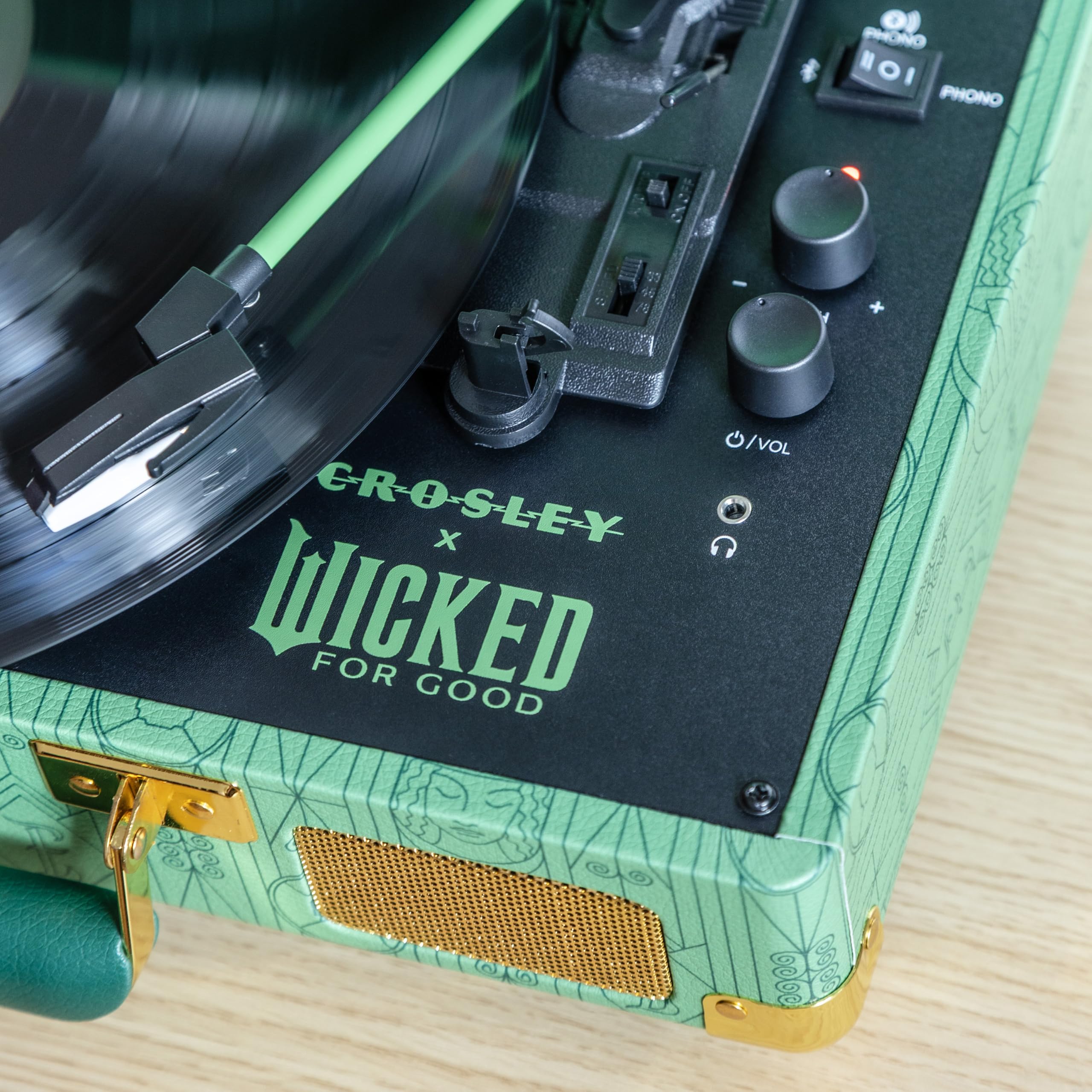 Crosley x Wicked: for Good Cruiser Plus Vintage 3-Speed Bluetooth in/Out Suitcase Vinyl Record Player Turntable with Built-in Speakers, Elphaba Edition