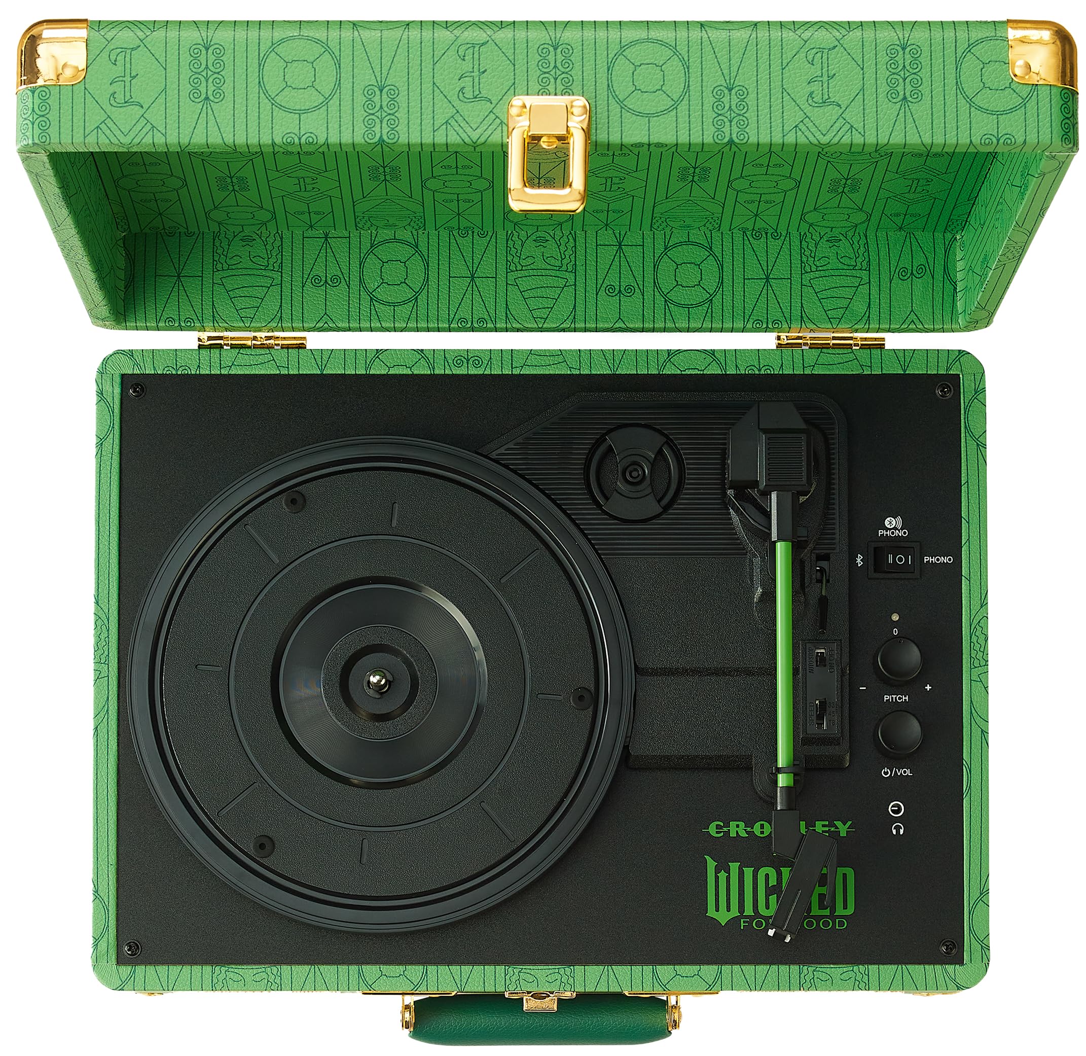 Crosley x Wicked: for Good Cruiser Plus Vintage 3-Speed Bluetooth in/Out Suitcase Vinyl Record Player Turntable with Built-in Speakers, Elphaba Edition