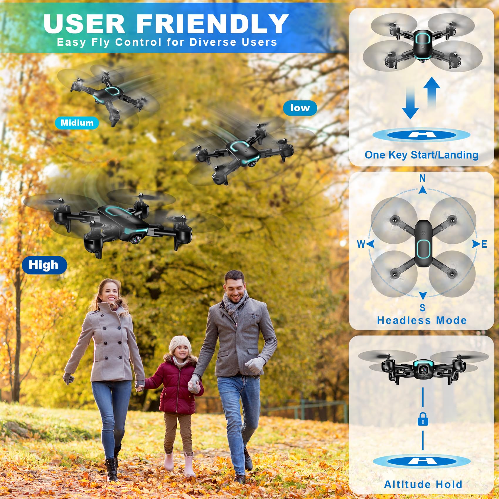Drone with 1080P Camera, Foldable Drone for Beginners with Light, Upgrade Altitude Hold, Gesture Selfie, Waypoint Fly, 3D Flip, 3 Speed Mode, Circle Fly, One Key Start