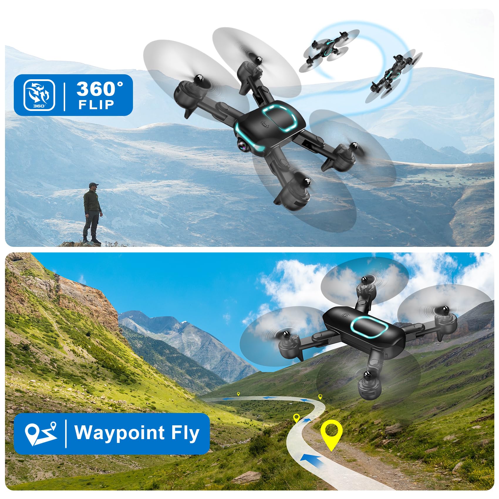 Drone with 1080P Camera, Foldable Drone for Beginners with Light, Upgrade Altitude Hold, Gesture Selfie, Waypoint Fly, 3D Flip, 3 Speed Mode, Circle Fly, One Key Start