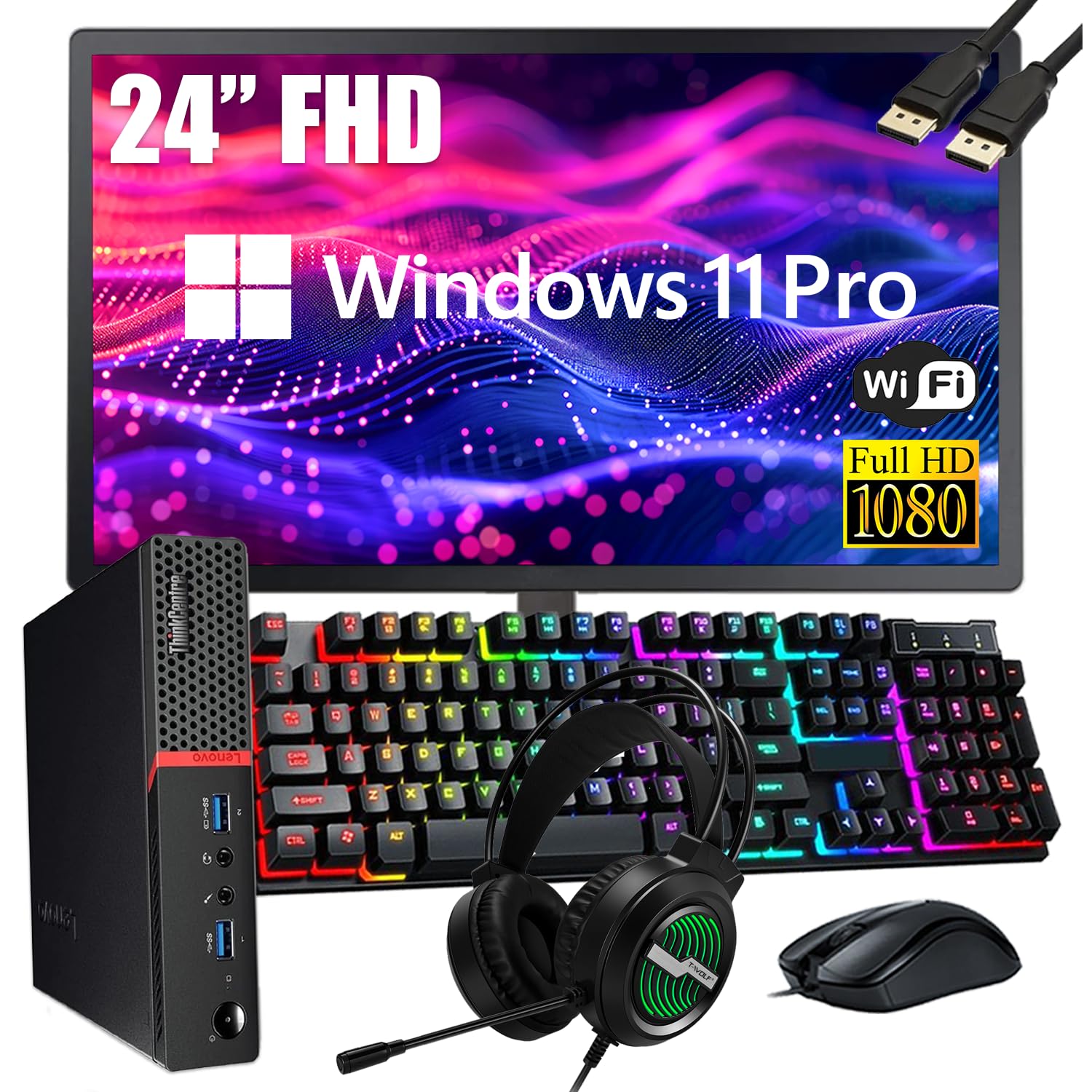 Lenovo ThinkCentre M700 Tiny Desktop PC with 24″ FHD Monitor, Intel Quad Core i5-6500, 16GB DDR4 RAM 256GB SSD, 2 DisplayPort, Keyboard & Mouse, WiFi, Windows 11 Pro (Renewed)