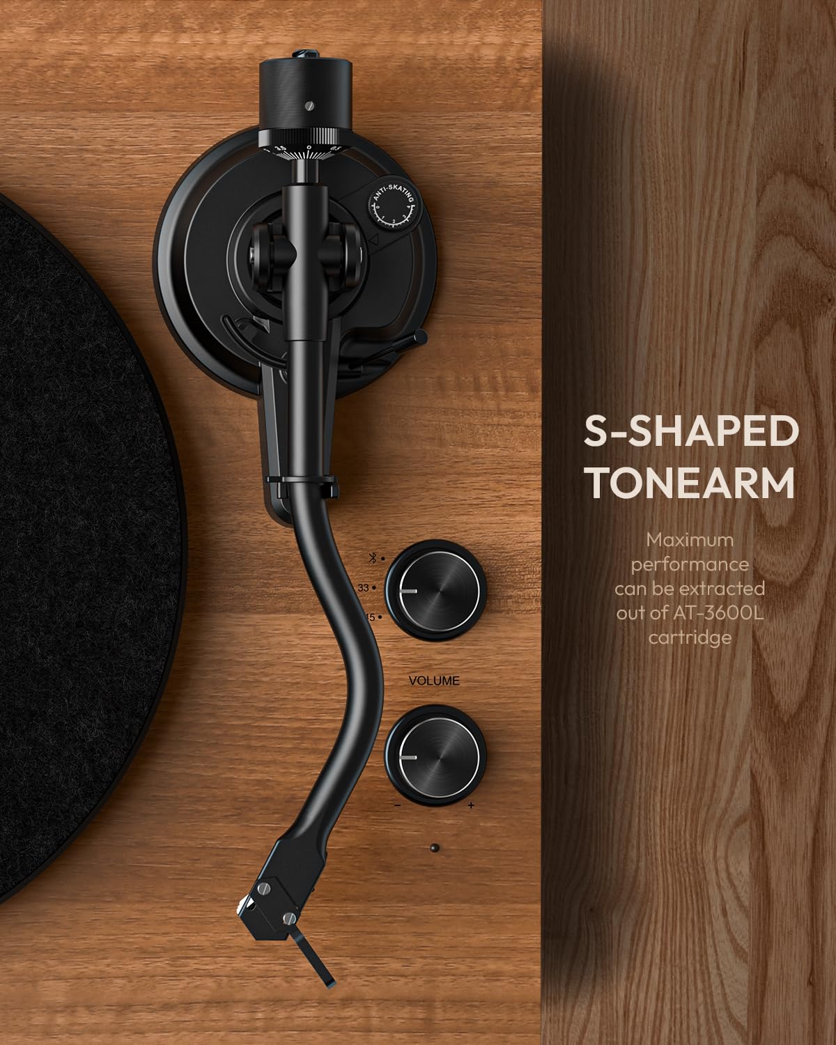 QLEARSOUL SoulBox S1 Vinyl Record Player with Stereo Speakers, Turntable with Built-in Preamp, S-Shaped Tonearm, 33/45 RPM - Walnut