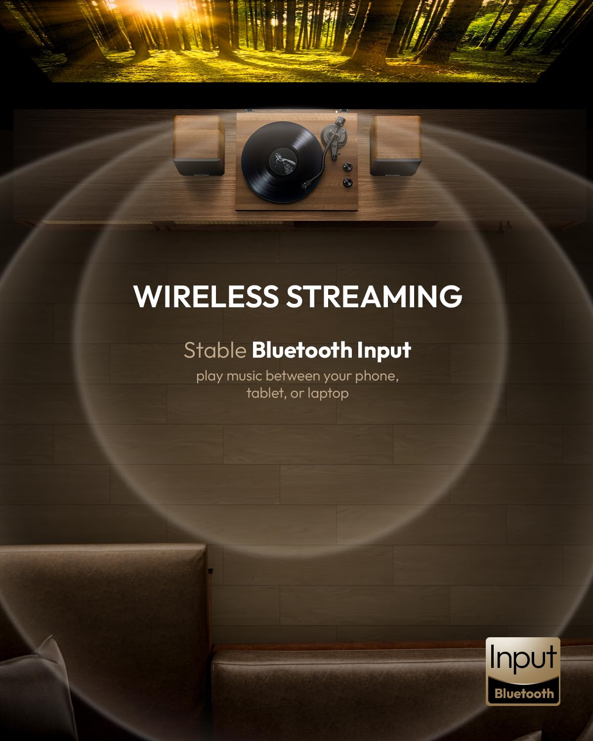 QLEARSOUL SoulBox S1 Vinyl Record Player with Stereo Speakers, Turntable with Built-in Preamp, S-Shaped Tonearm, 33/45 RPM - Walnut