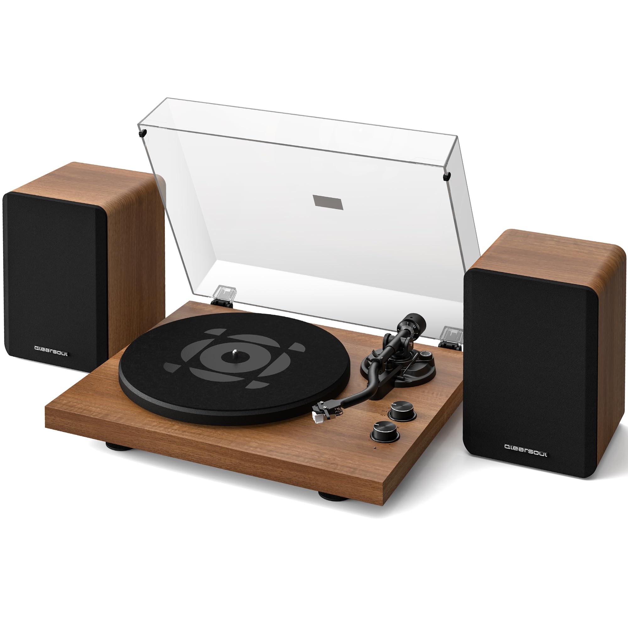 QLEARSOUL SoulBox S1 Vinyl Record Player with Stereo Speakers, Turntable with Built-in Preamp, S-Shaped Tonearm, 33/45 RPM – Walnut