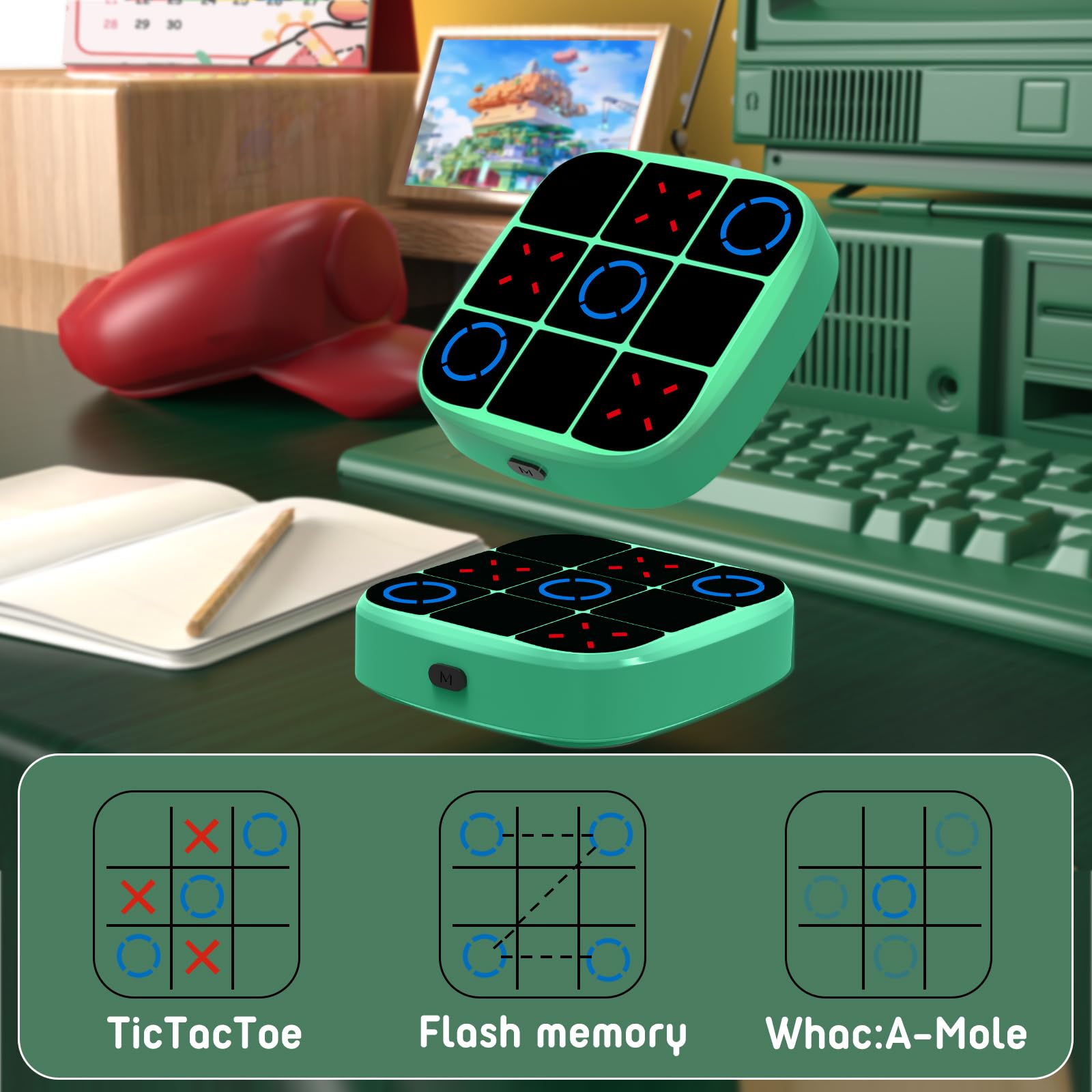 Tic-Tac-Toe Bolt Game, 4-in-1 Handheld Puzzle Games Console, Electronic Tic-Tac-Toe Game for Educational and Memory Growth, Portable Travel Games for Car Ride, Board Games for Kids and Adults (Cyan)