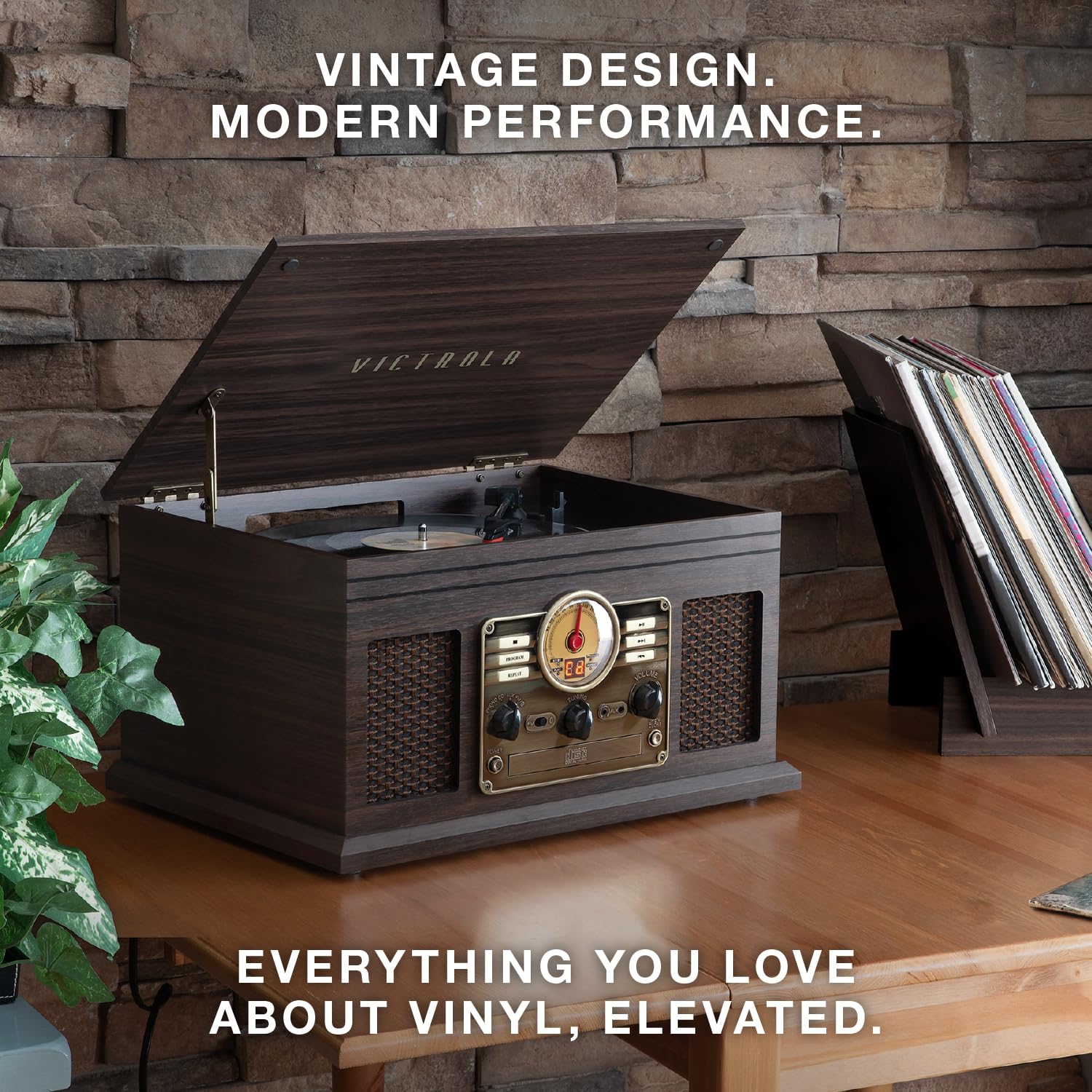Victrola Montauk Vinyl Record Player, 3-Speed Belt Driven Turntable with Stereo Bluetooth Speaker Pair, RCA Output and 3.5mm Headphone Jack, Removable Dust Cover, Farmhouse Walnut Finish