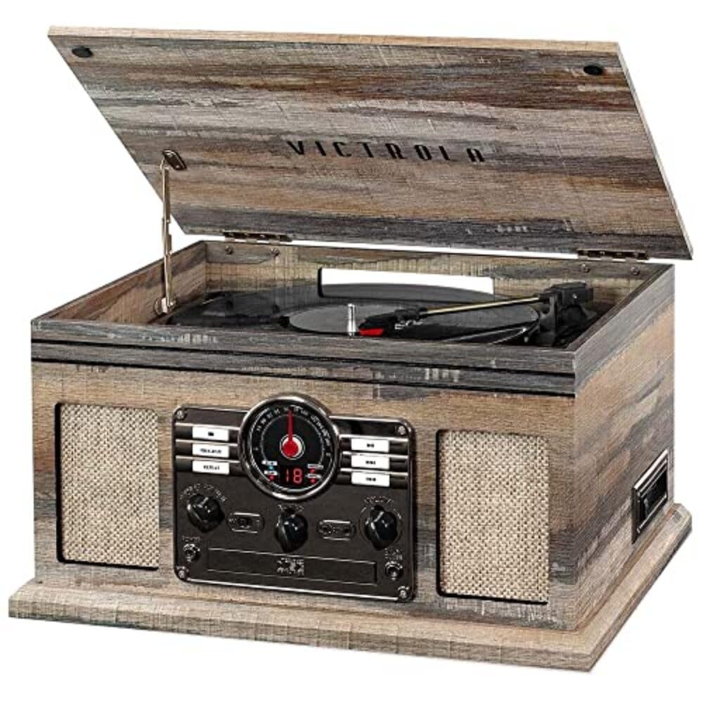 Victrola Montauk Vinyl Record Player, 3-Speed Belt Driven Turntable with Stereo Bluetooth Speaker Pair, RCA Output and 3.5mm Headphone Jack, Removable Dust Cover, Farmhouse Walnut Finish