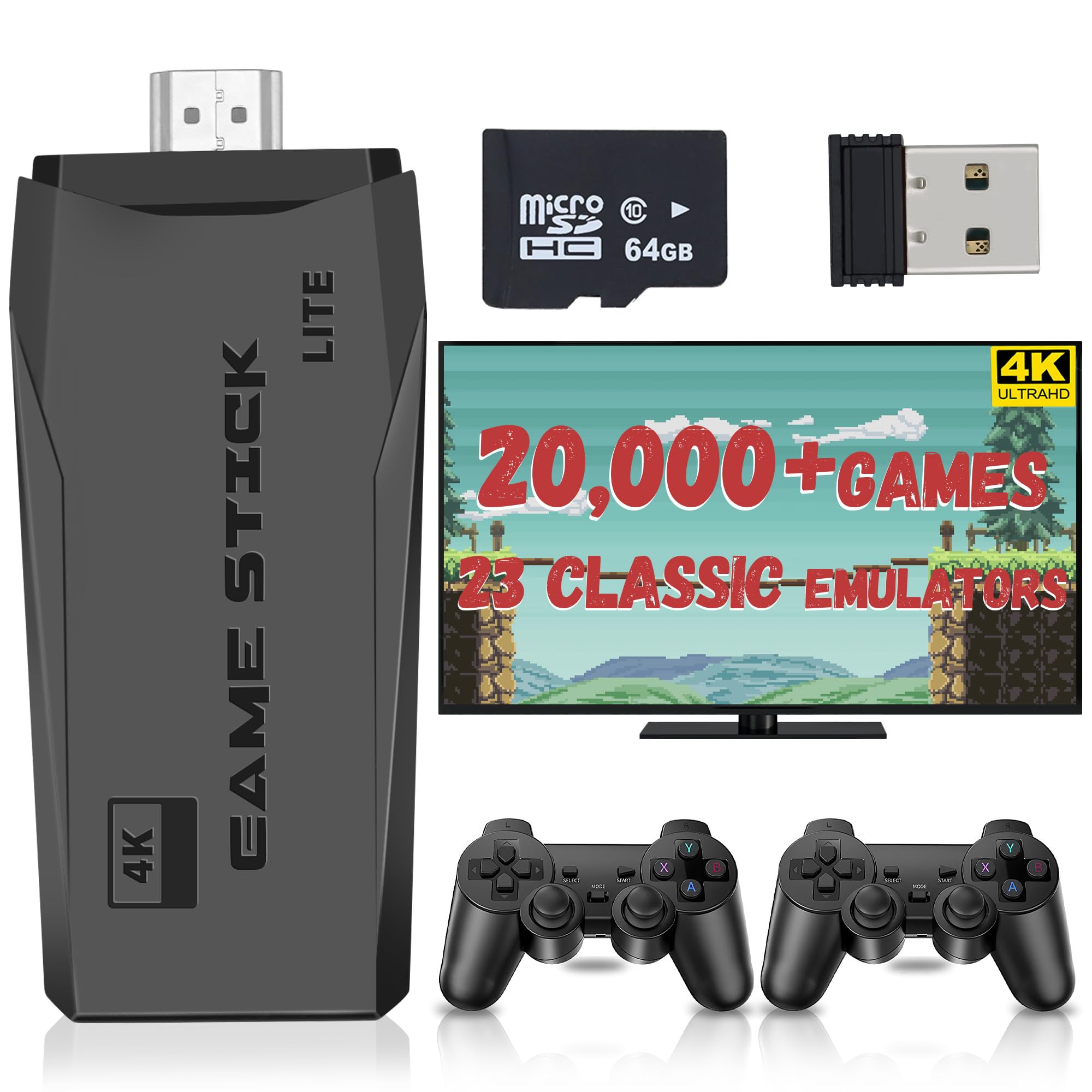 Wireless Retro Game Console, Retro Game Stick with Built-in 23 Emulators, 20,000+ Games, 4k Hdmi Output, and 2.4GHz Wireless Controller, Plug and Retro Play Video Games for Tv (64 GB)