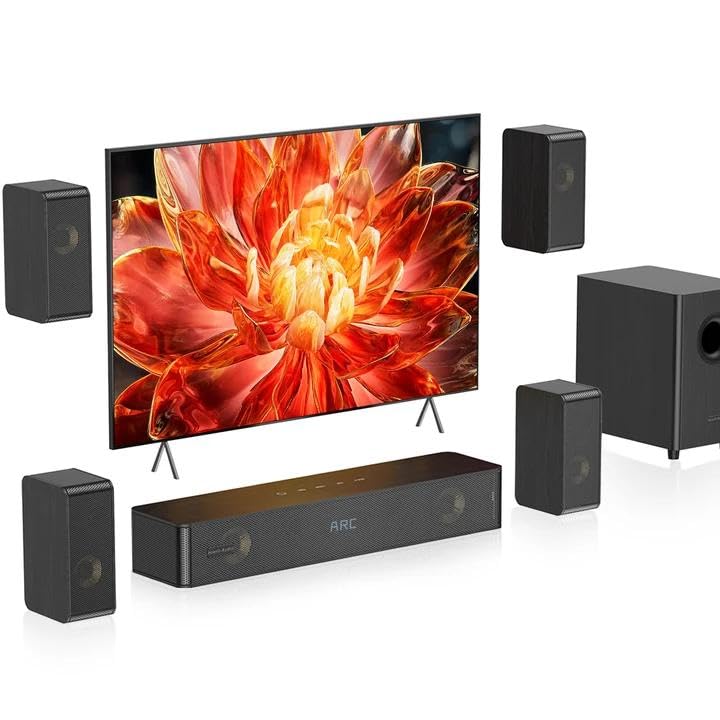 Wooden 5.1.2 Virtual Surround Sound System, 4 Surround Speakers Wired, 400W Peak Power, Sound Bars for Smart TV w/Subwoofer, 5.25” Deep Bass, Home Theater TV System, ARC/OPT/BT/AUX, HiPulse N512