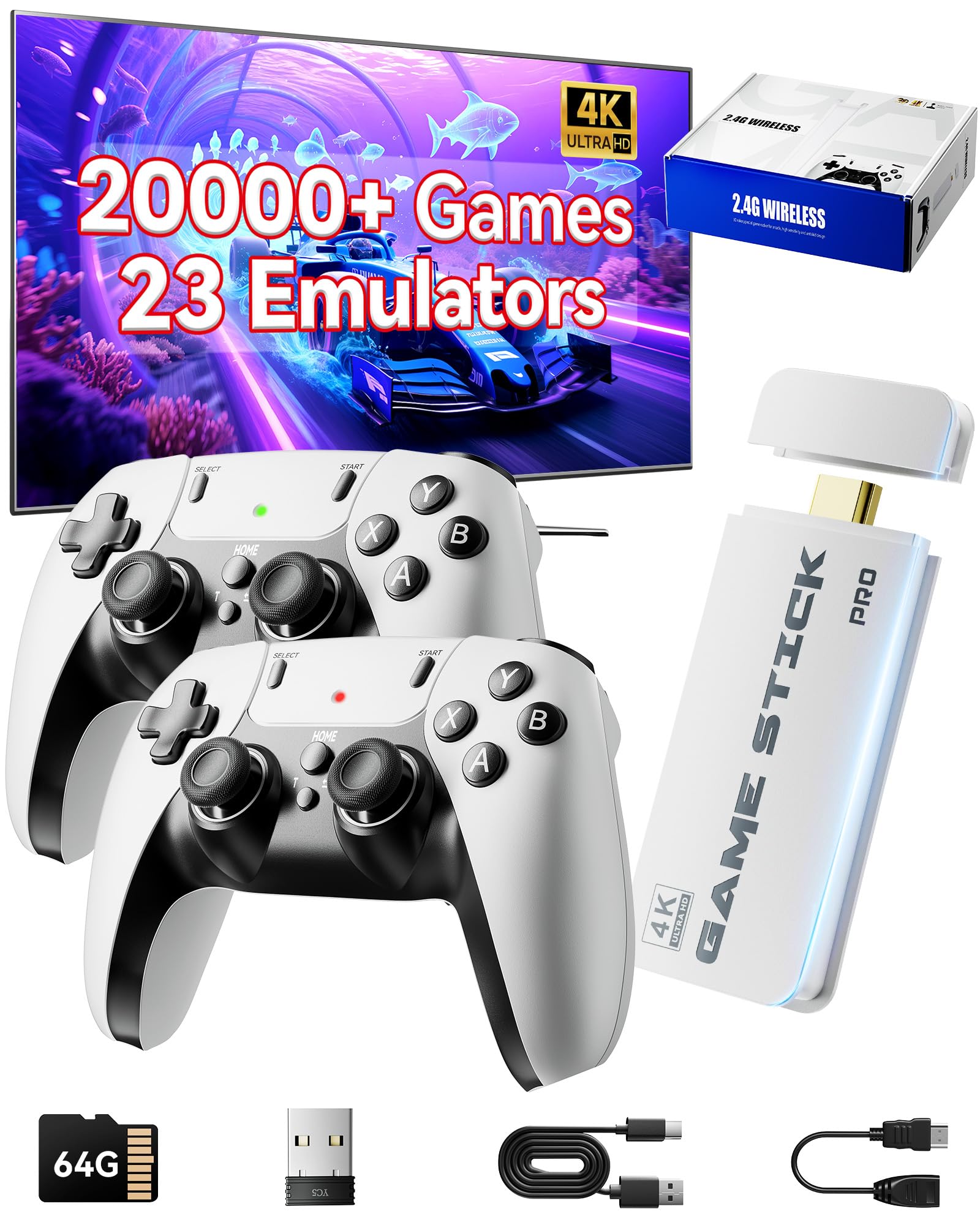 2026 New Retro Gaming Console, Retro Gaming Stick with 20,000+ Classic Game and 23 Game Emulators, Plug & Play 4K HDMI Output Game Console Stick with Dual 2.4G Controllers (64GB) for Christmas gifts (White)