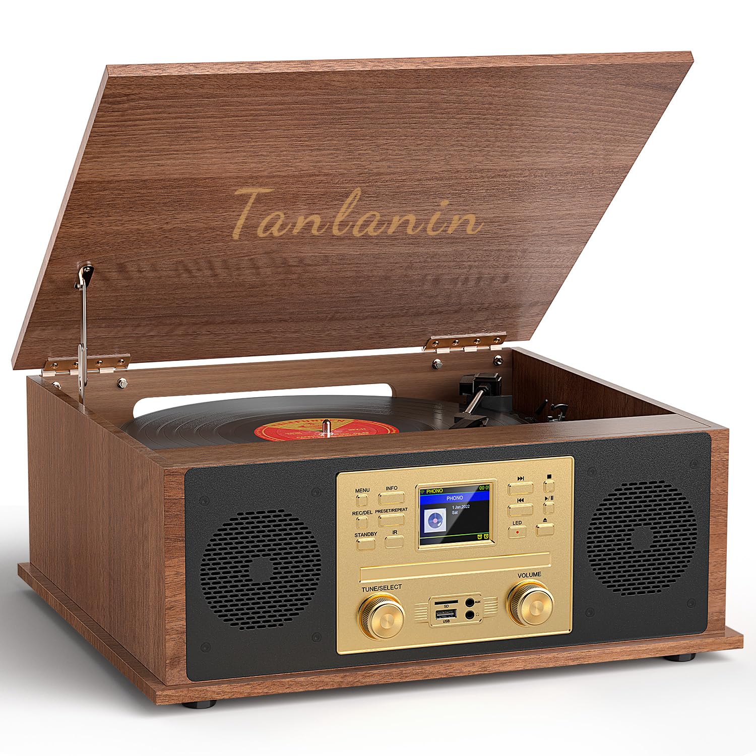 9-in-1 Vintage Bluetooth Record Player Multimedia Center with Built-in Stereo Speakers, CD Player, All in One 3-Speed Vinyl Turntable, Internet Radio, Clock, USB Recording, RCA Out,Walnut