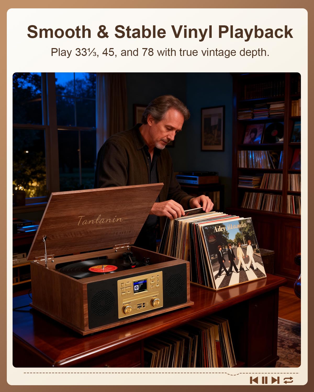 9-in-1 Vintage Bluetooth Record Player Multimedia Center with Built-in Stereo Speakers, CD Player, All in One 3-Speed Vinyl Turntable, Internet Radio, Clock, USB Recording, RCA Out,Walnut