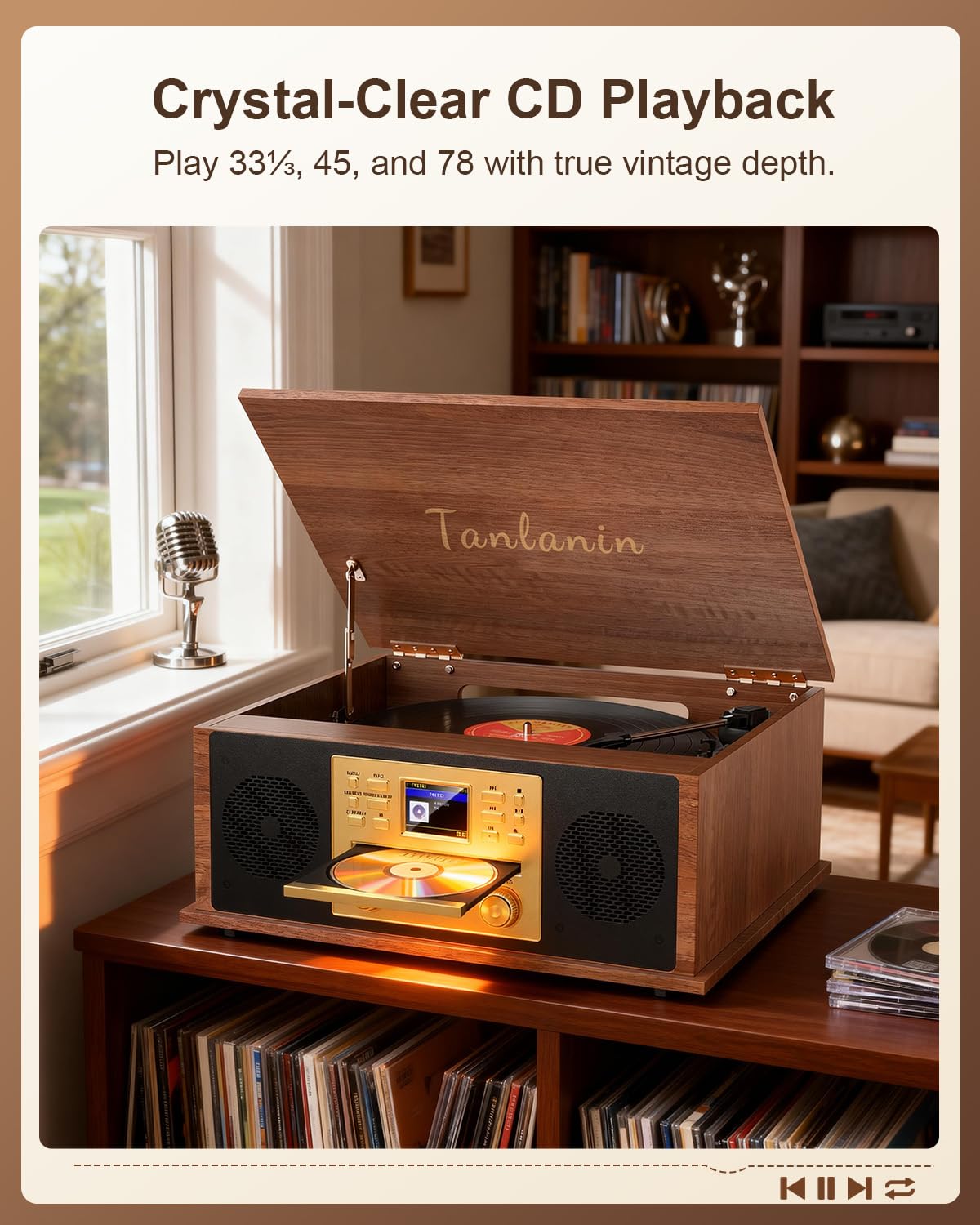 9-in-1 Vintage Bluetooth Record Player Multimedia Center with Built-in Stereo Speakers, CD Player, All in One 3-Speed Vinyl Turntable, Internet Radio, Clock, USB Recording, RCA Out,Walnut