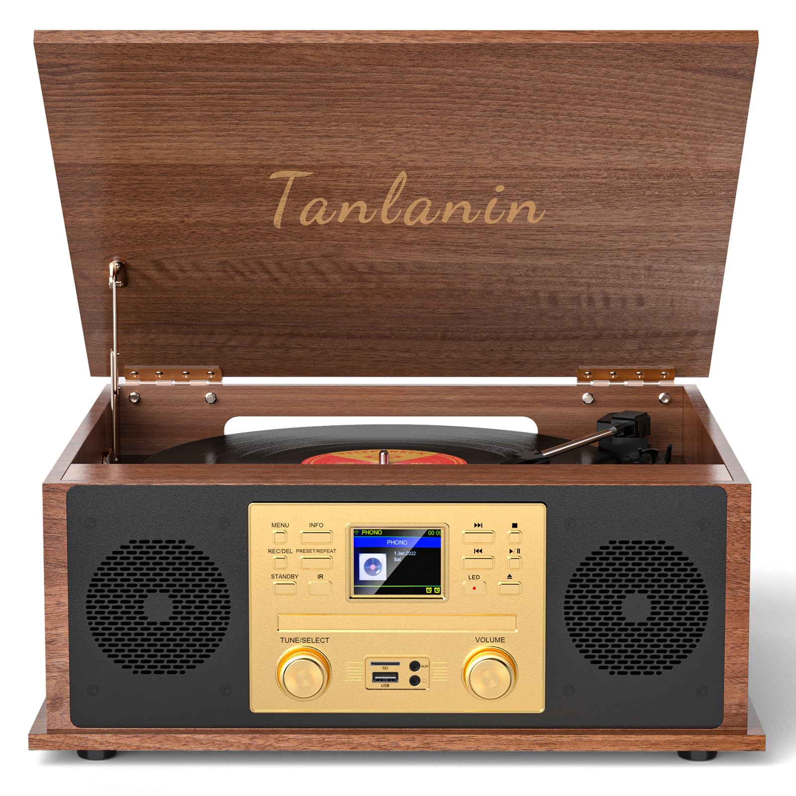 9-in-1 Vintage Bluetooth Record Player Multimedia Center with Built-in Stereo Speakers, CD Player, All in One 3-Speed Vinyl Turntable, Internet Radio, Clock, USB Recording, RCA Out,Walnut