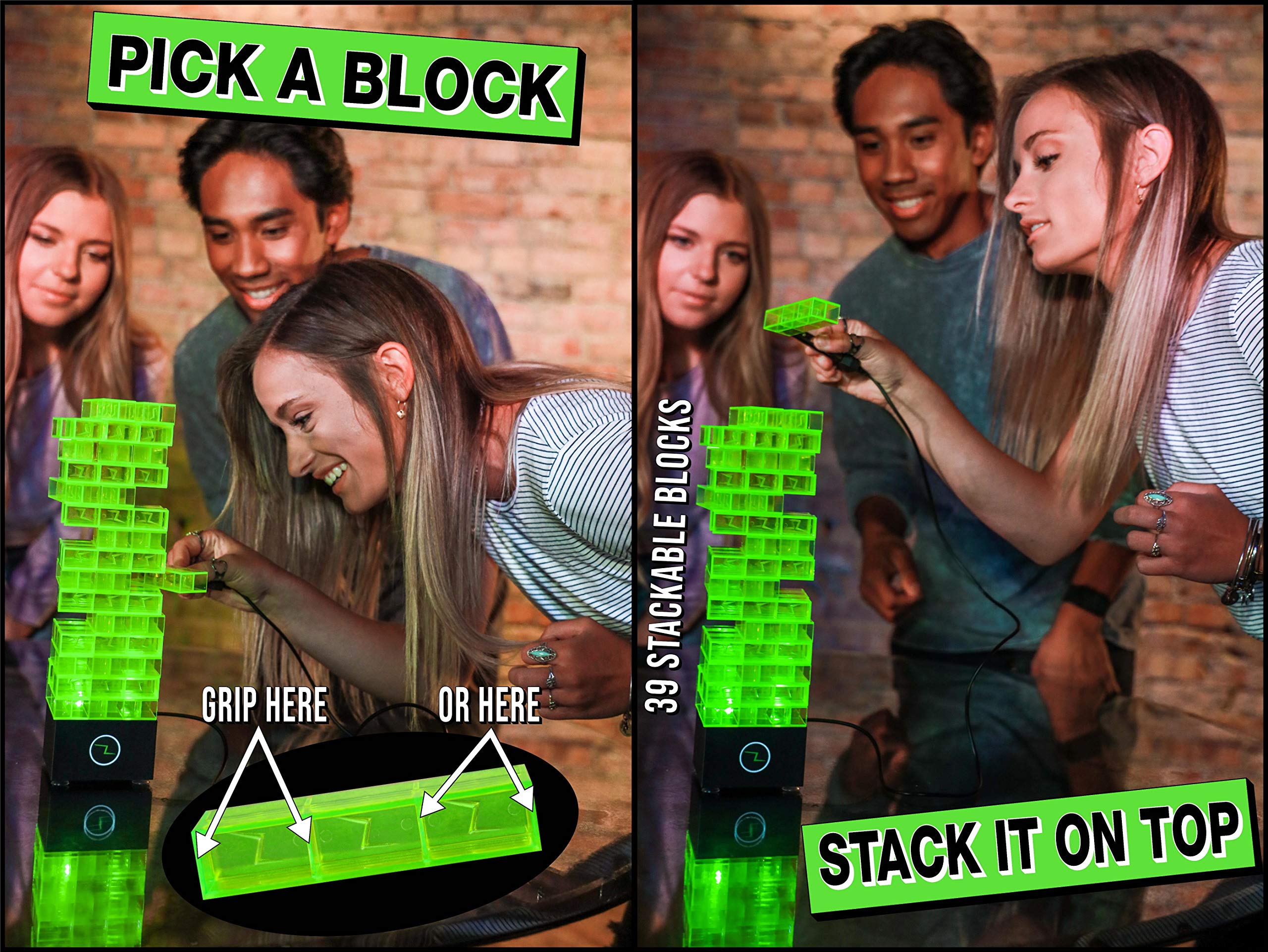 Amped Gamez ShiZap! - Electric Shock Stacking Block Game, Plastic Tumble Tower Blocks, Shocking Tweezers, LED Base That Plays Suspenseful Music, Family Fun Party Games for Teenage Boys, Girls, Adults