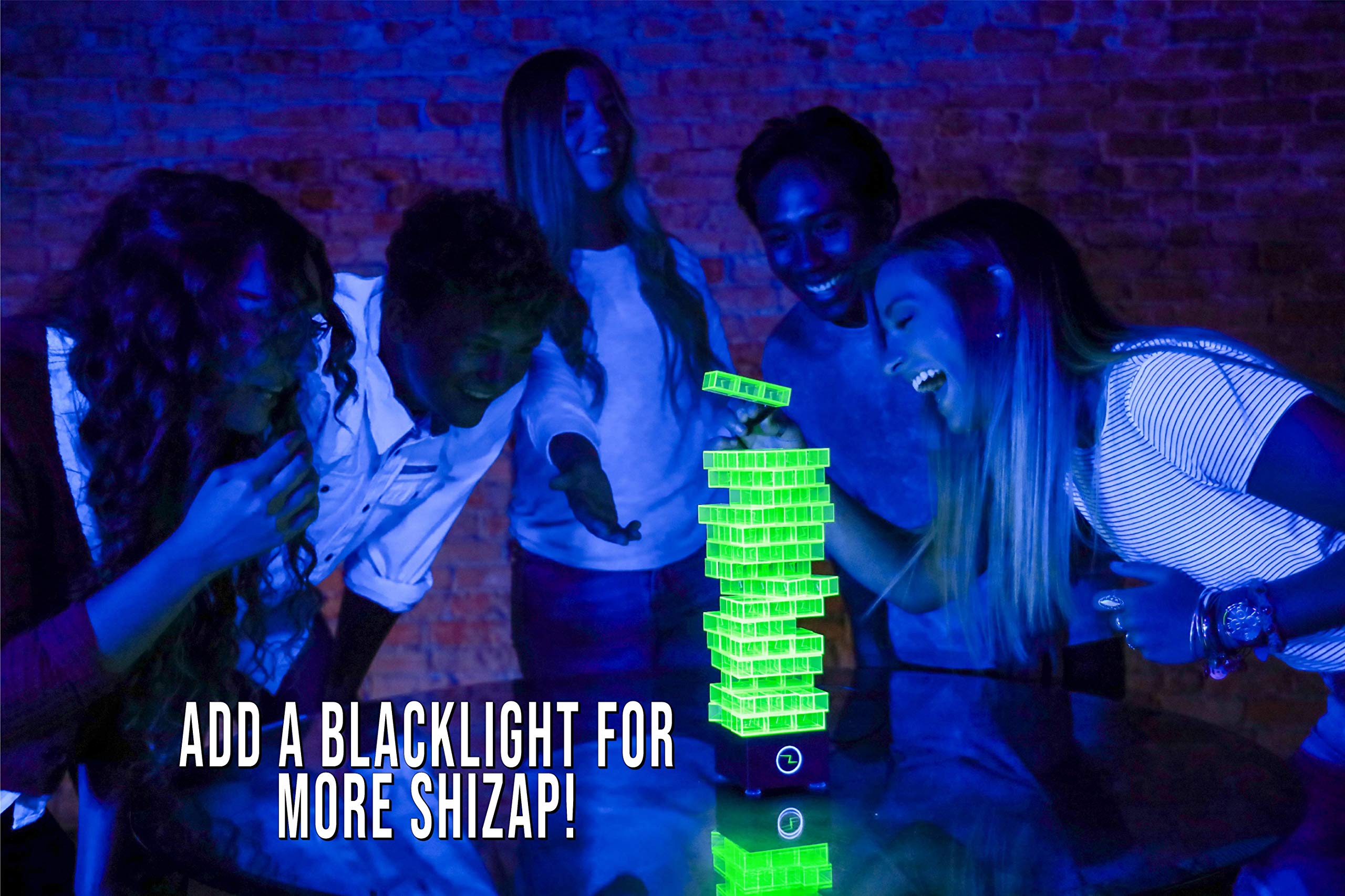 Amped Gamez ShiZap! - Electric Shock Stacking Block Game, Plastic Tumble Tower Blocks, Shocking Tweezers, LED Base That Plays Suspenseful Music, Family Fun Party Games for Teenage Boys, Girls, Adults