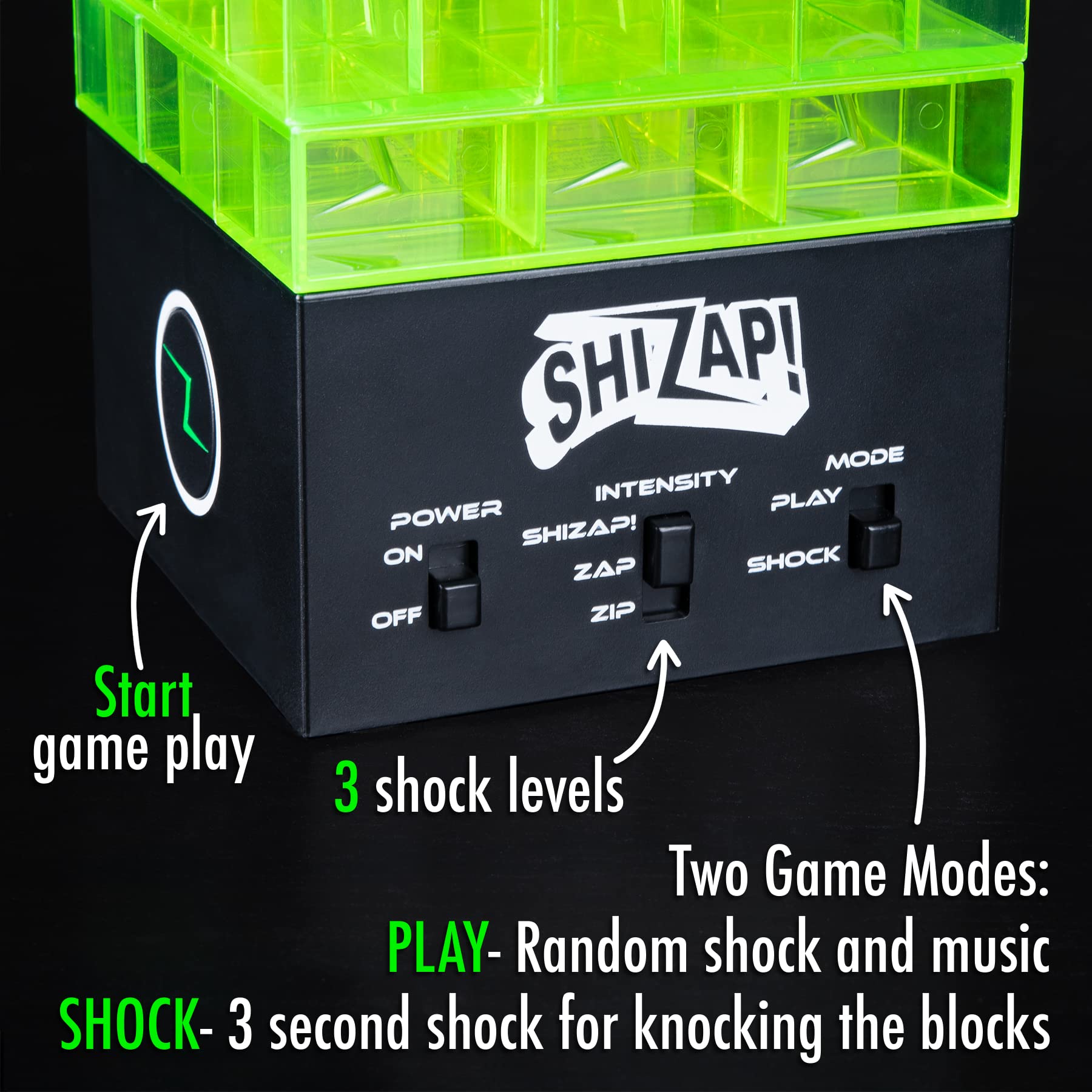 Amped Gamez ShiZap! - Electric Shock Stacking Block Game, Plastic Tumble Tower Blocks, Shocking Tweezers, LED Base That Plays Suspenseful Music, Family Fun Party Games for Teenage Boys, Girls, Adults