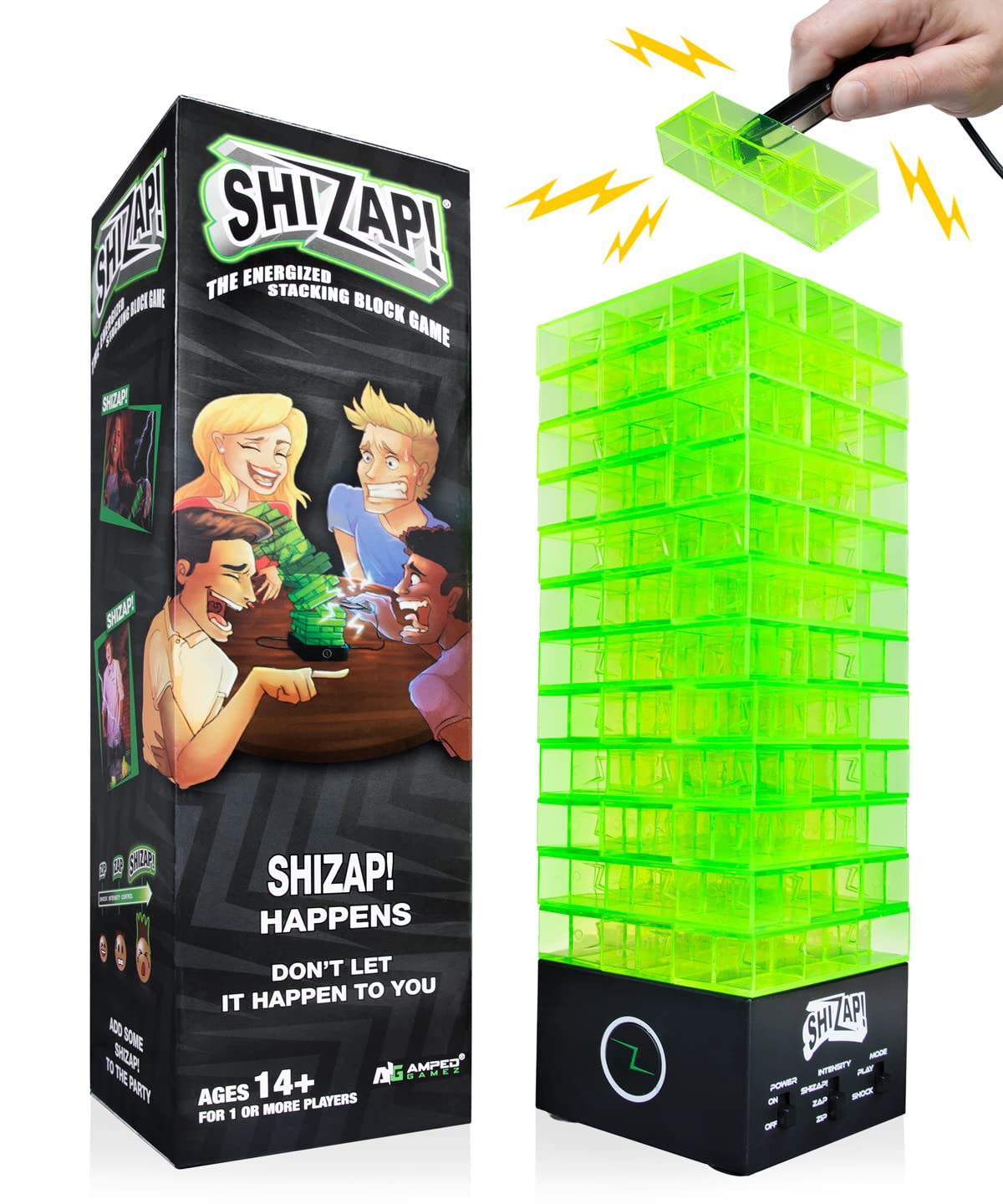 Amped Gamez ShiZap! – Electric Shock Stacking Block Game, Plastic Tumble Tower Blocks, Shocking Tweezers, LED Base That Plays Suspenseful Music, Family Fun Party Games for Teenage Boys, Girls, Adults