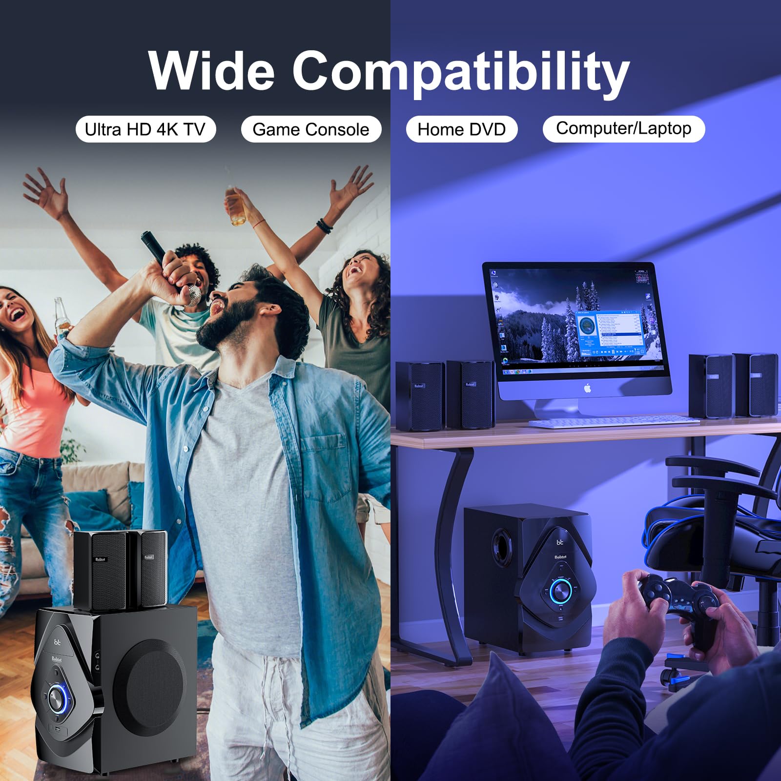 Bobtot Home Theater Wireless Rear Satellite Speakers - 800W 6.5inch Subwoofer 5.1/2.1 Channel Surround Sound Systems with ARC Optical Bluetooth Input