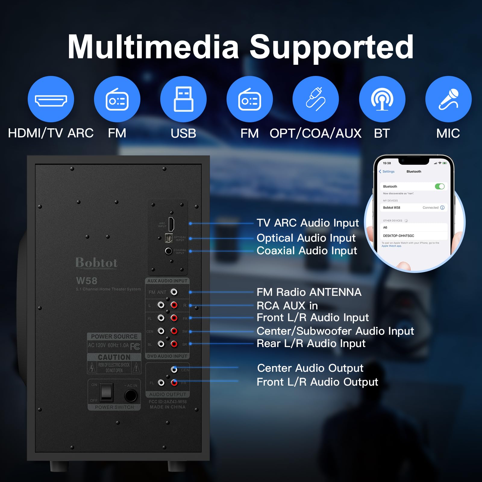 Bobtot Home Theater Wireless Rear Satellite Speakers - 800W 6.5inch Subwoofer 5.1/2.1 Channel Surround Sound Systems with ARC Optical Bluetooth Input