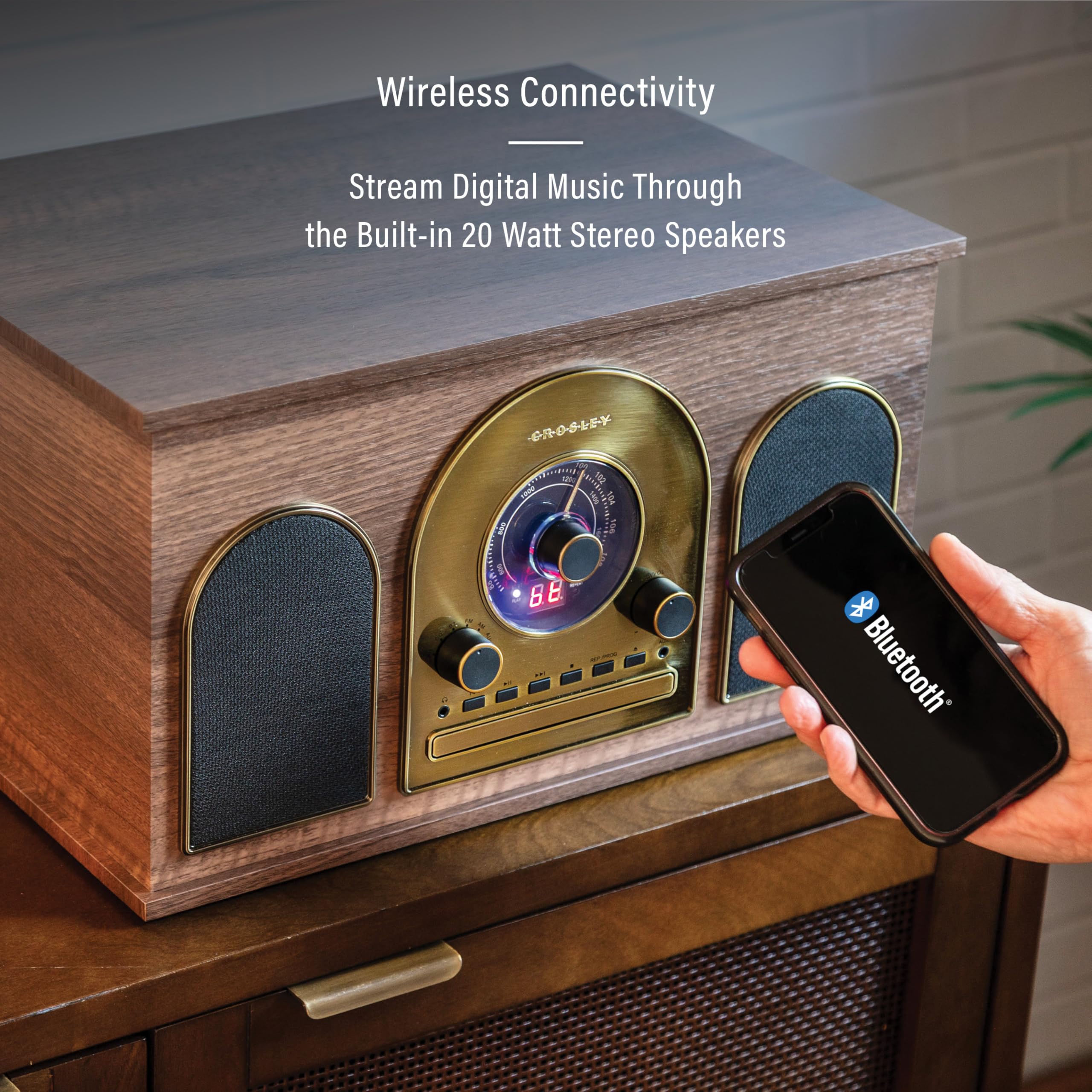 Crosley CR7025A-WA Hayes 8-in-1 Bluetooth Vinyl Record Player, 3-Speed Turntable, CD, AM/FM Radio, Cassette, Walnut