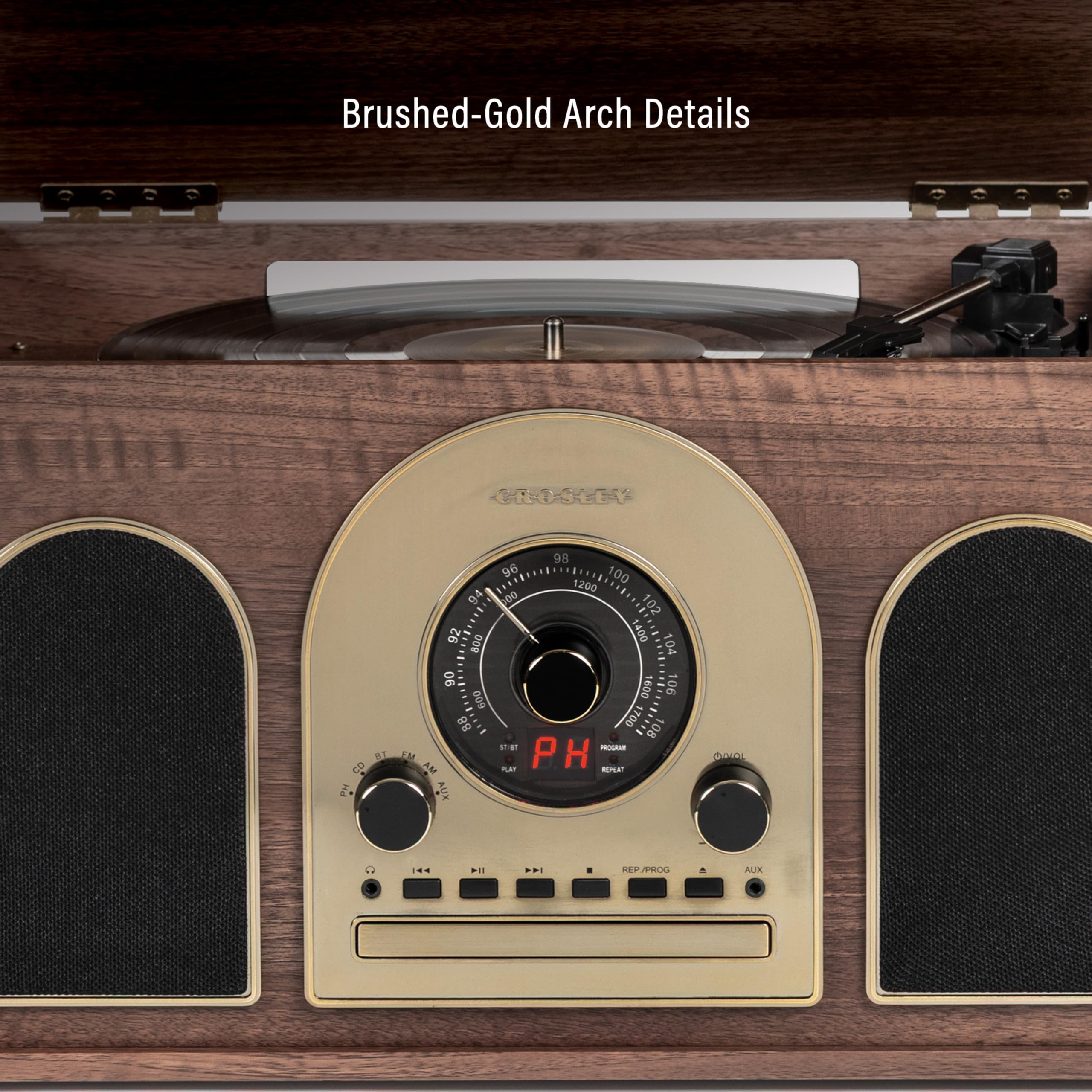 Crosley CR7025A-WA Hayes 8-in-1 Bluetooth Vinyl Record Player, 3-Speed Turntable, CD, AM/FM Radio, Cassette, Walnut