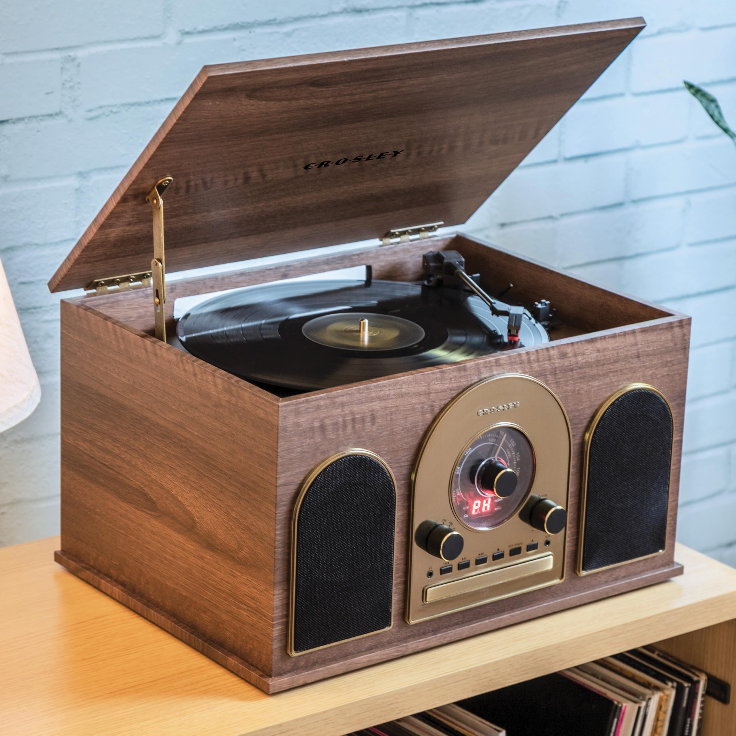 Crosley CR7025A-WA Hayes 8-in-1 Bluetooth Vinyl Record Player, 3-Speed Turntable, CD, AM/FM Radio, Cassette, Walnut