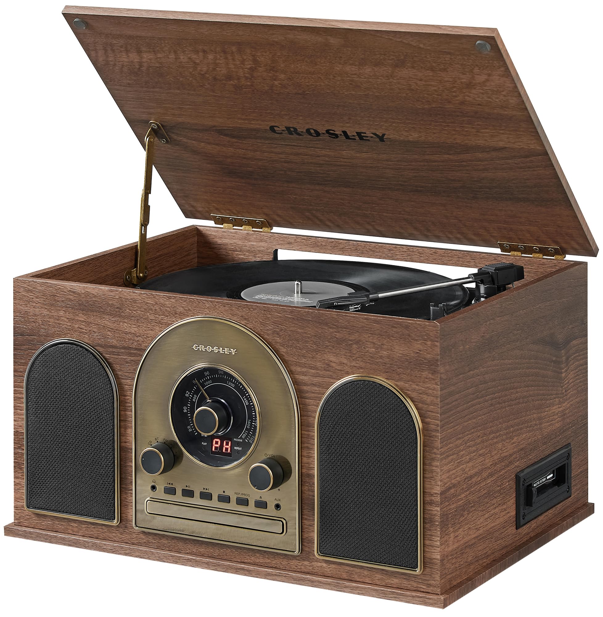 Crosley CR7025A-WA Hayes 8-in-1 Bluetooth Vinyl Record Player, 3-Speed Turntable, CD, AM/FM Radio, Cassette, Walnut